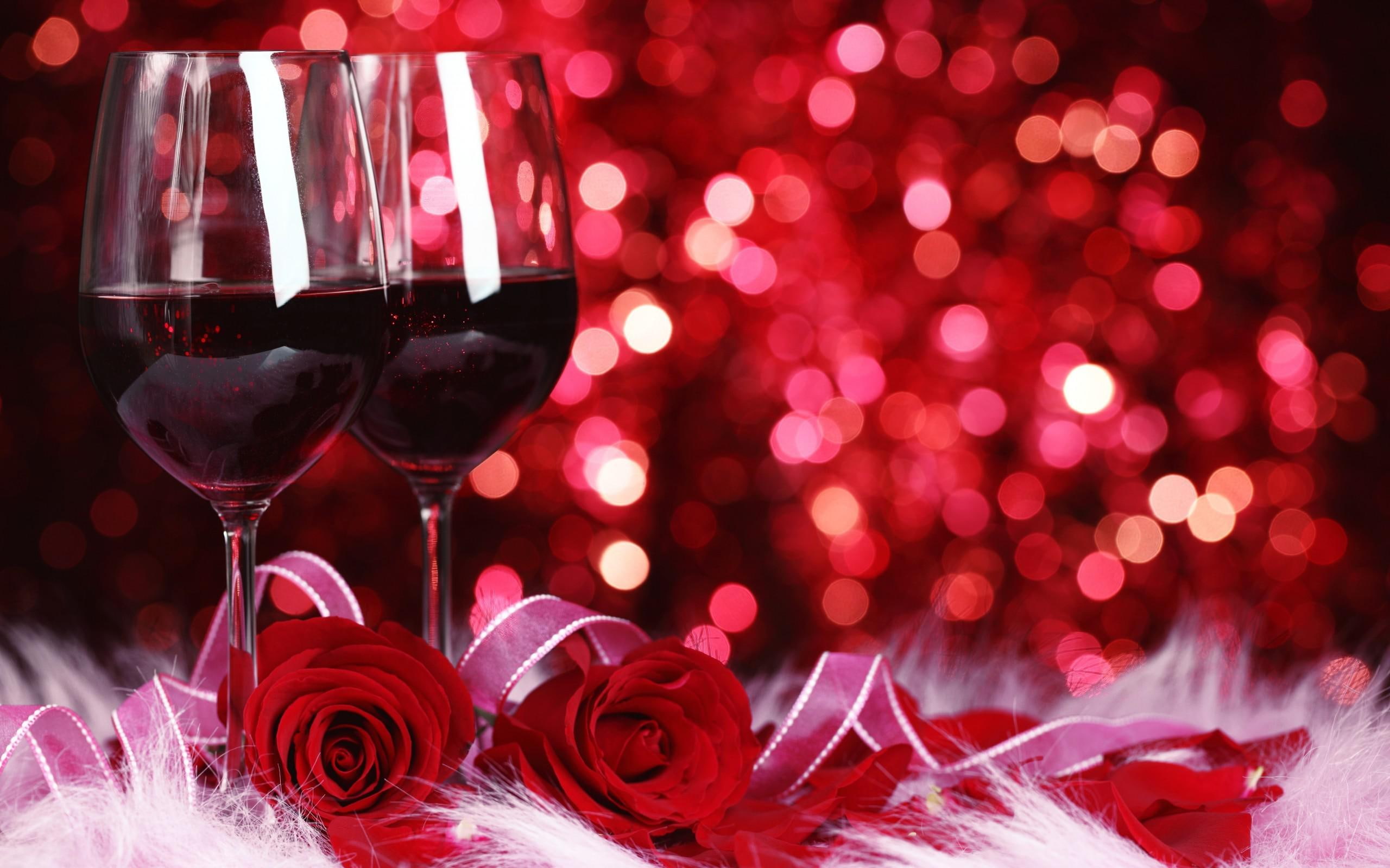 photography, red, 2K, rose, wine, 2560x1600, glasses, roses, two, HD Wallpaper