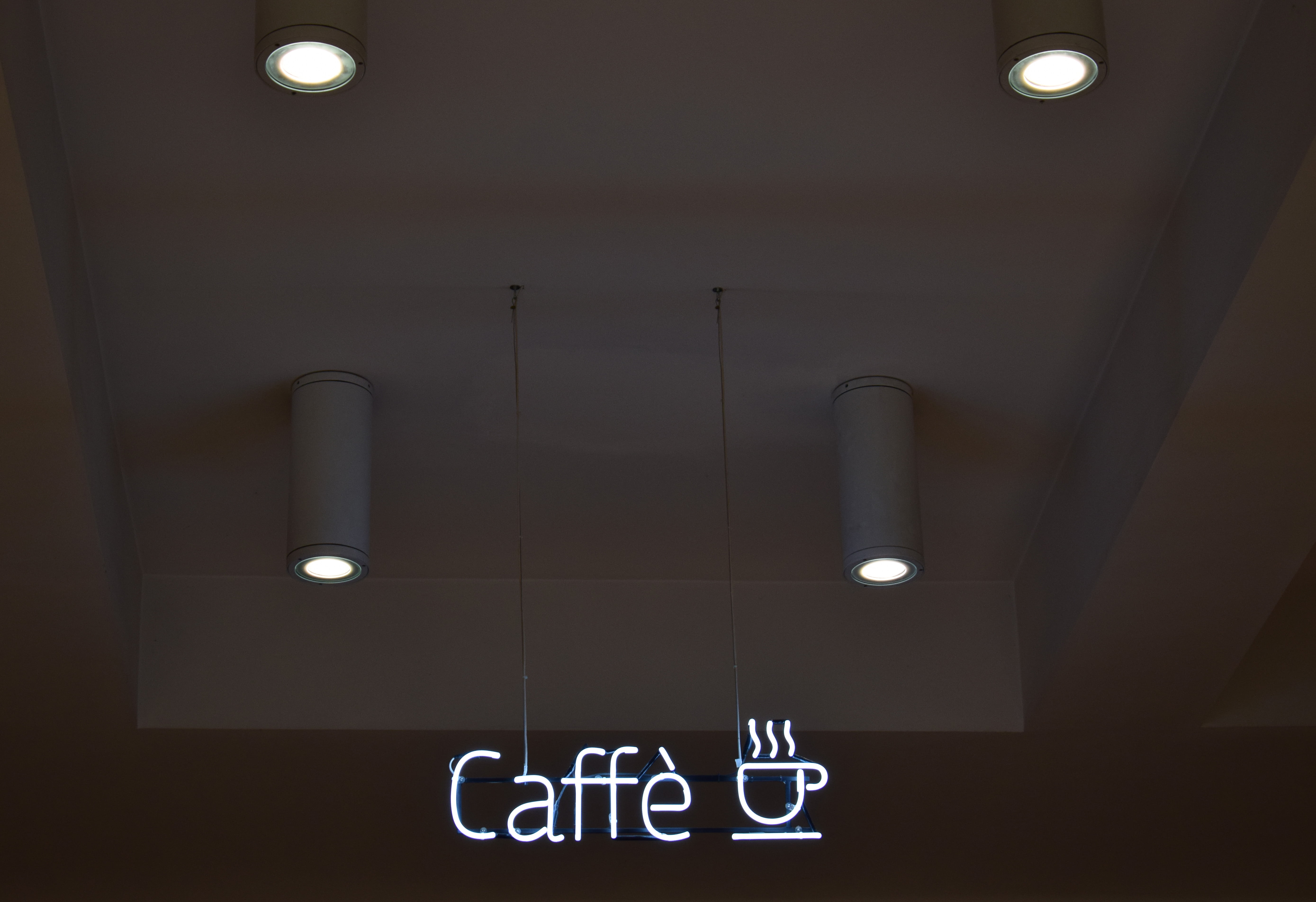 glowing, white color, low angle view, lamp, cafe, architecture, wall - building feature, public restroom, light, no people, illuminated, communication, HD Wallpaper