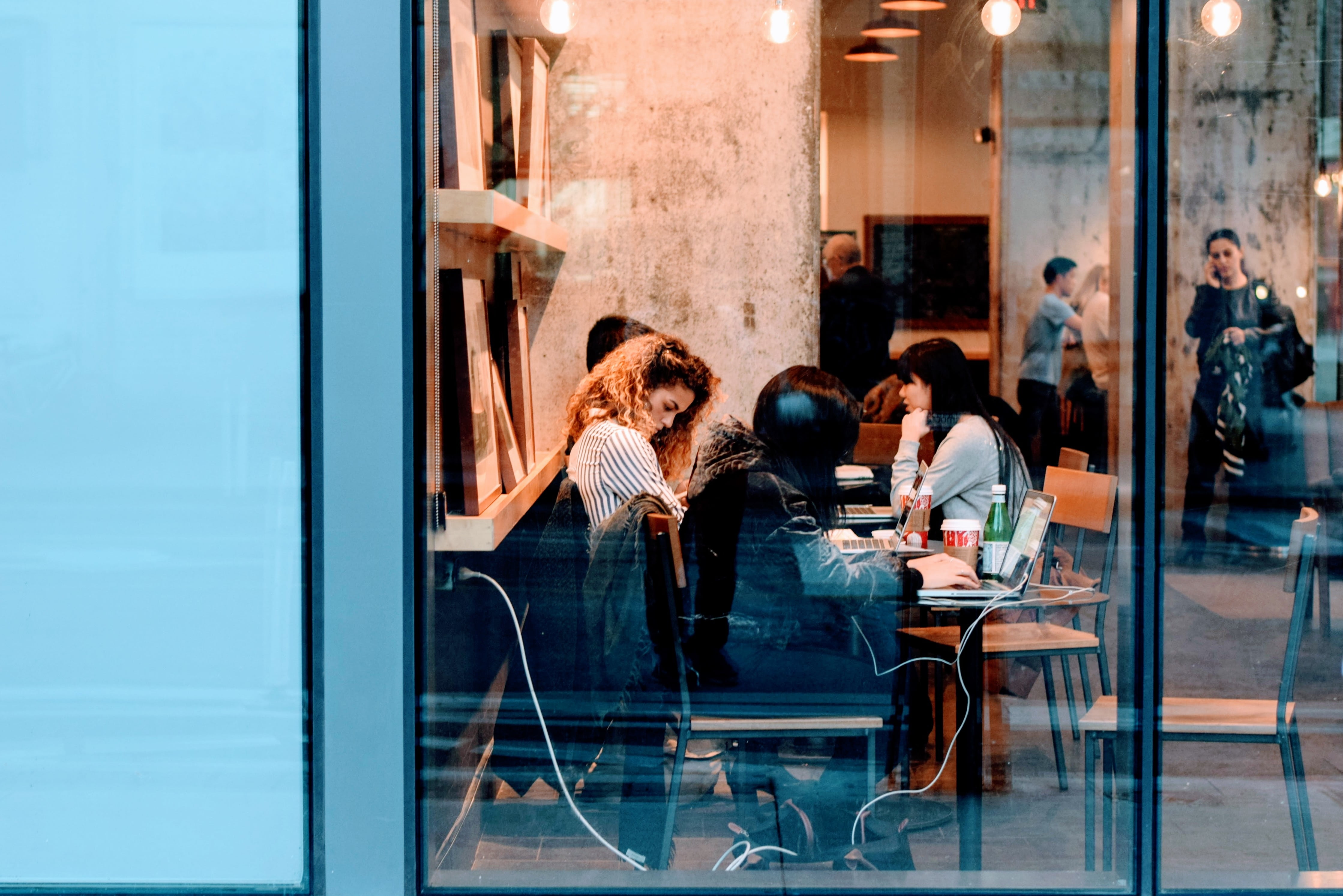 males, women, cafe, group of people, inside, togetherness, real people, sitting, window, young adult, smiling, chairs, indoors, computer, s, working, study, HD Wallpaper
