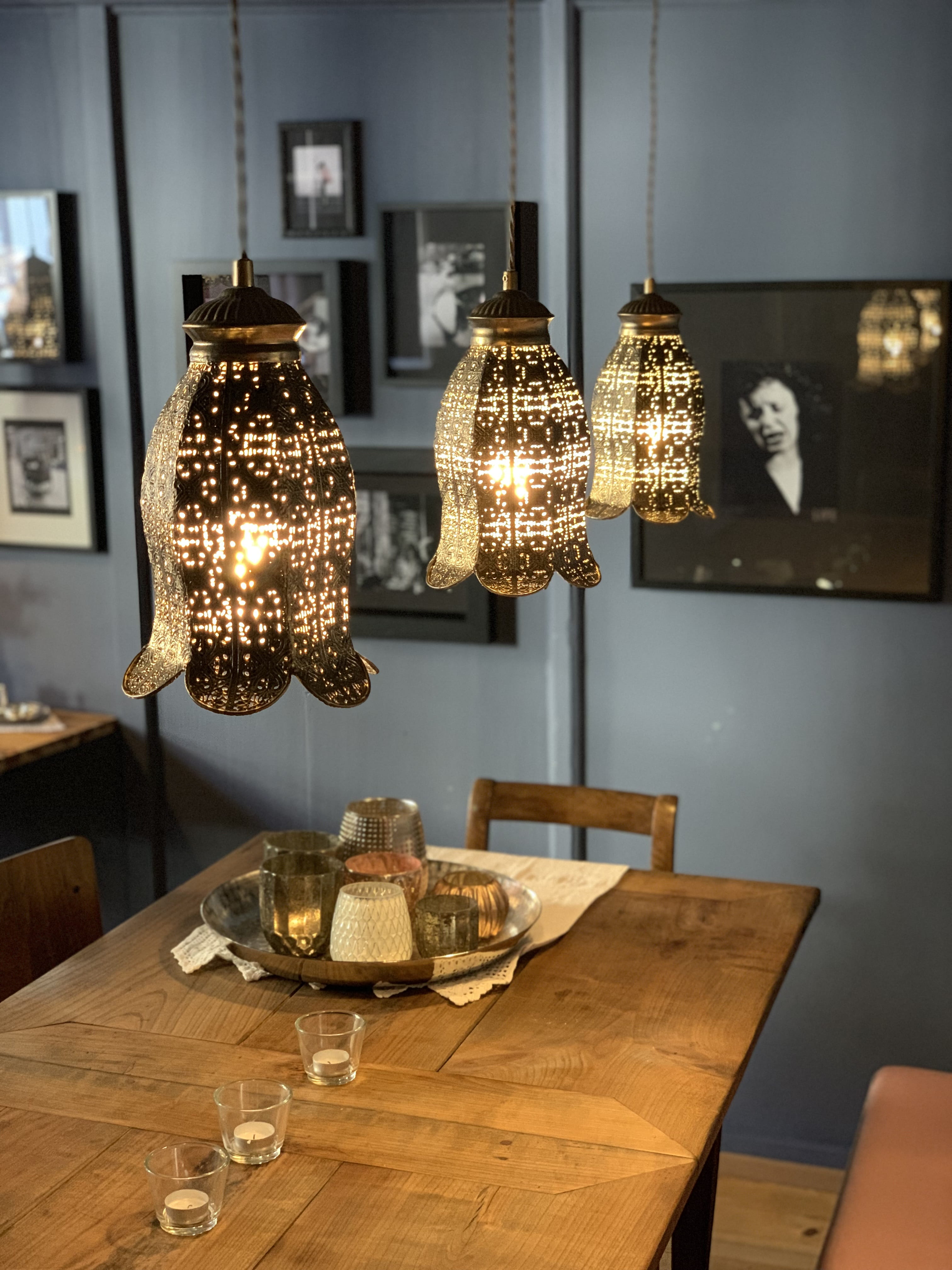 ceiling, home, brasserie, domestic room, light, absence, wooden table, furniture, seat, electric light, christmas ornament, hanging, pendant light, luxury, Phone HD Wallpaper