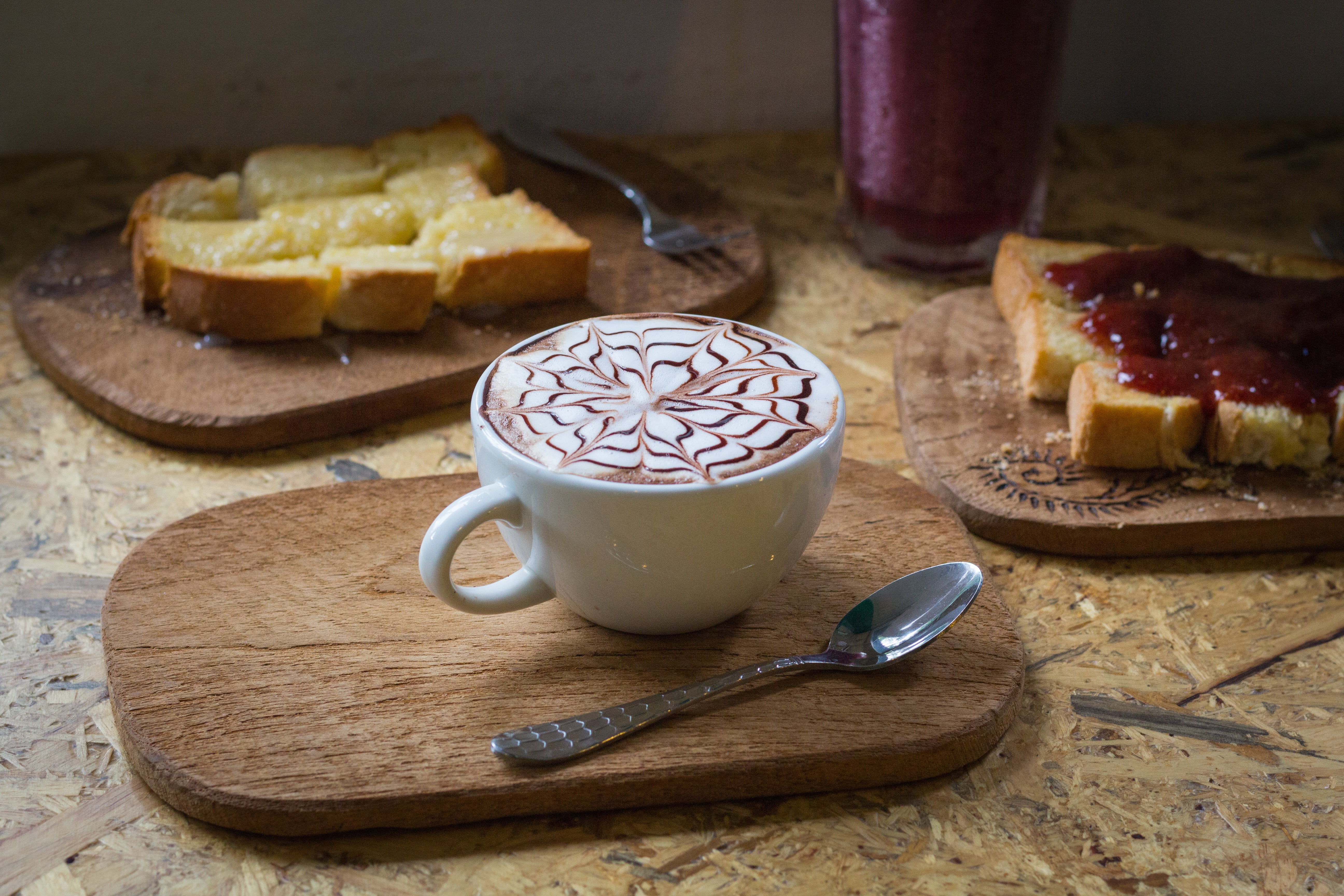 of the blank, art, ready-to-eat, hot, temptation, cup, in the morning, do the job, happy, board, delicious, cappuccino, table, food, bread, pattern, cutting board, HD Wallpaper