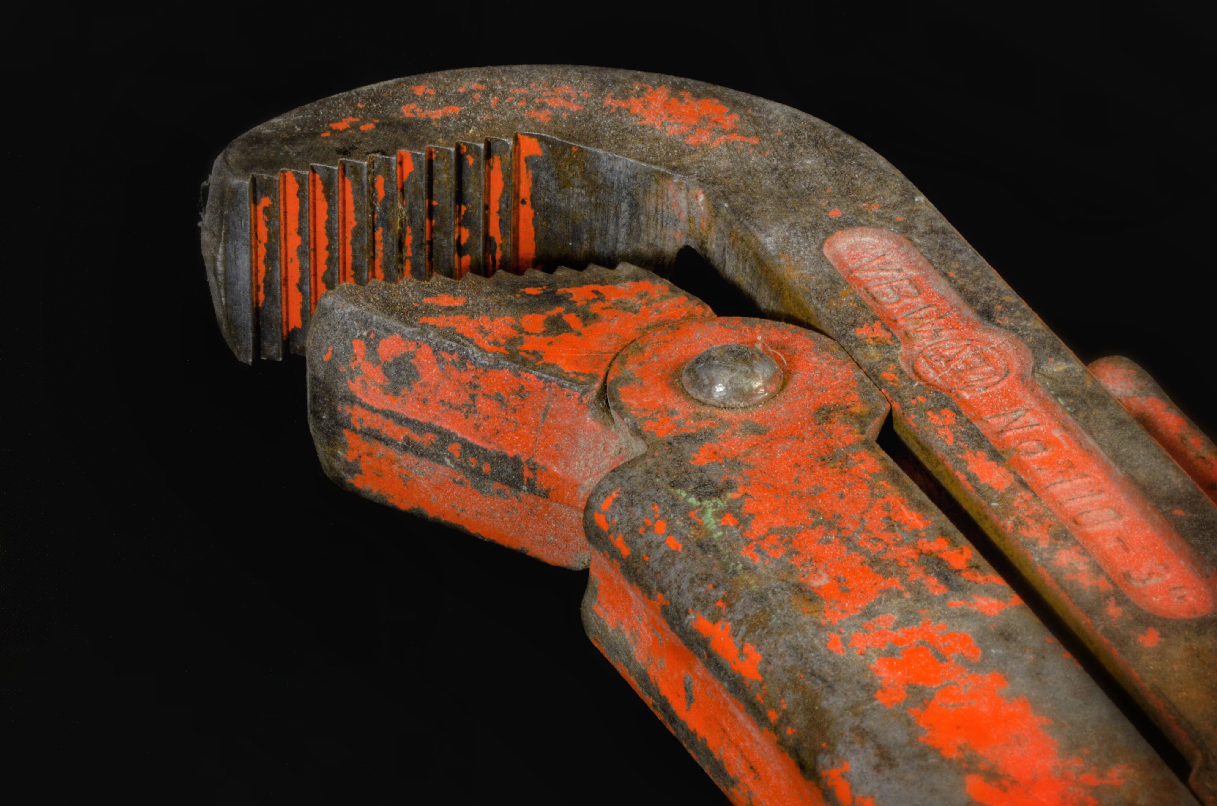 metal, old, orange color, Pipe Wrench, art and craft, 4K, craft, tool, corner swede, cut out, close-up, black Background, rusty, Plumber, day, Pliers, HD Wallpaper
