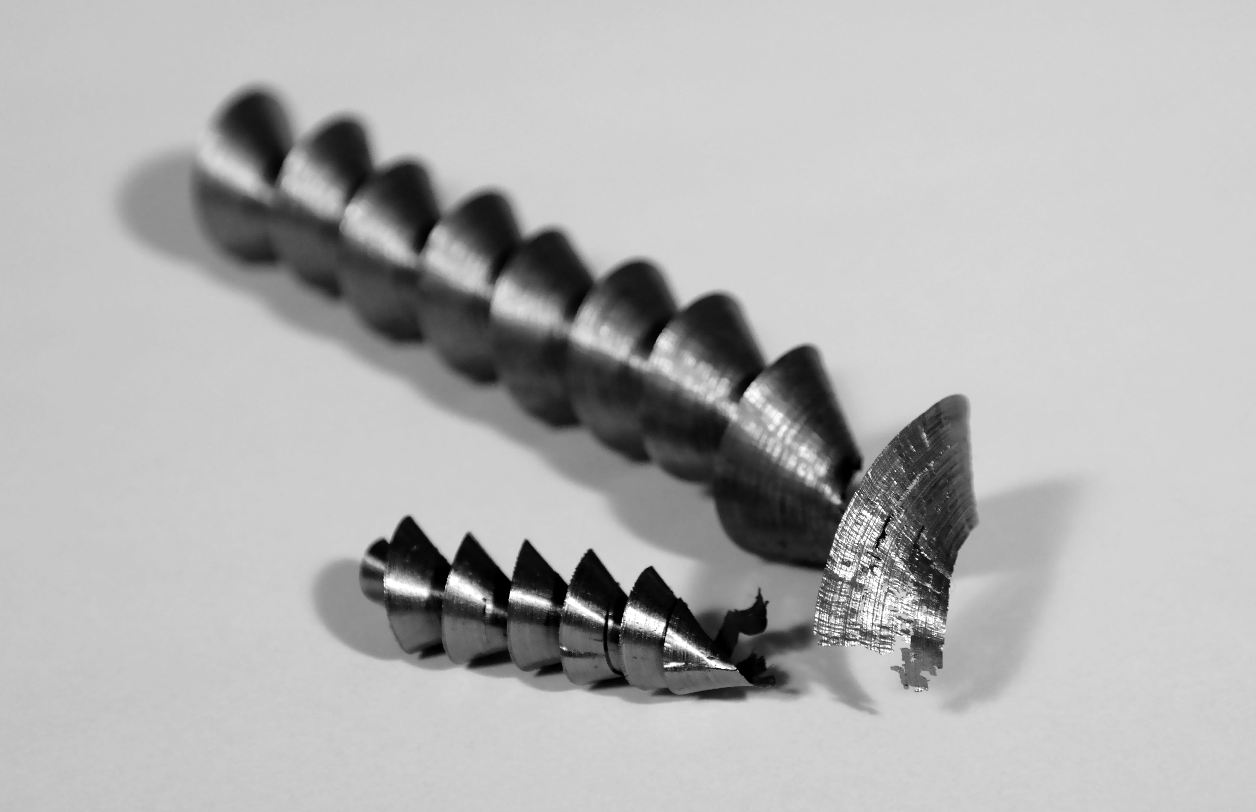 chip, high angle view, Spiral, metal, white background, 4K, shadow, single object, table, industry, steel, Waste, work tool, still life, Drilling, in a row, HD Wallpaper