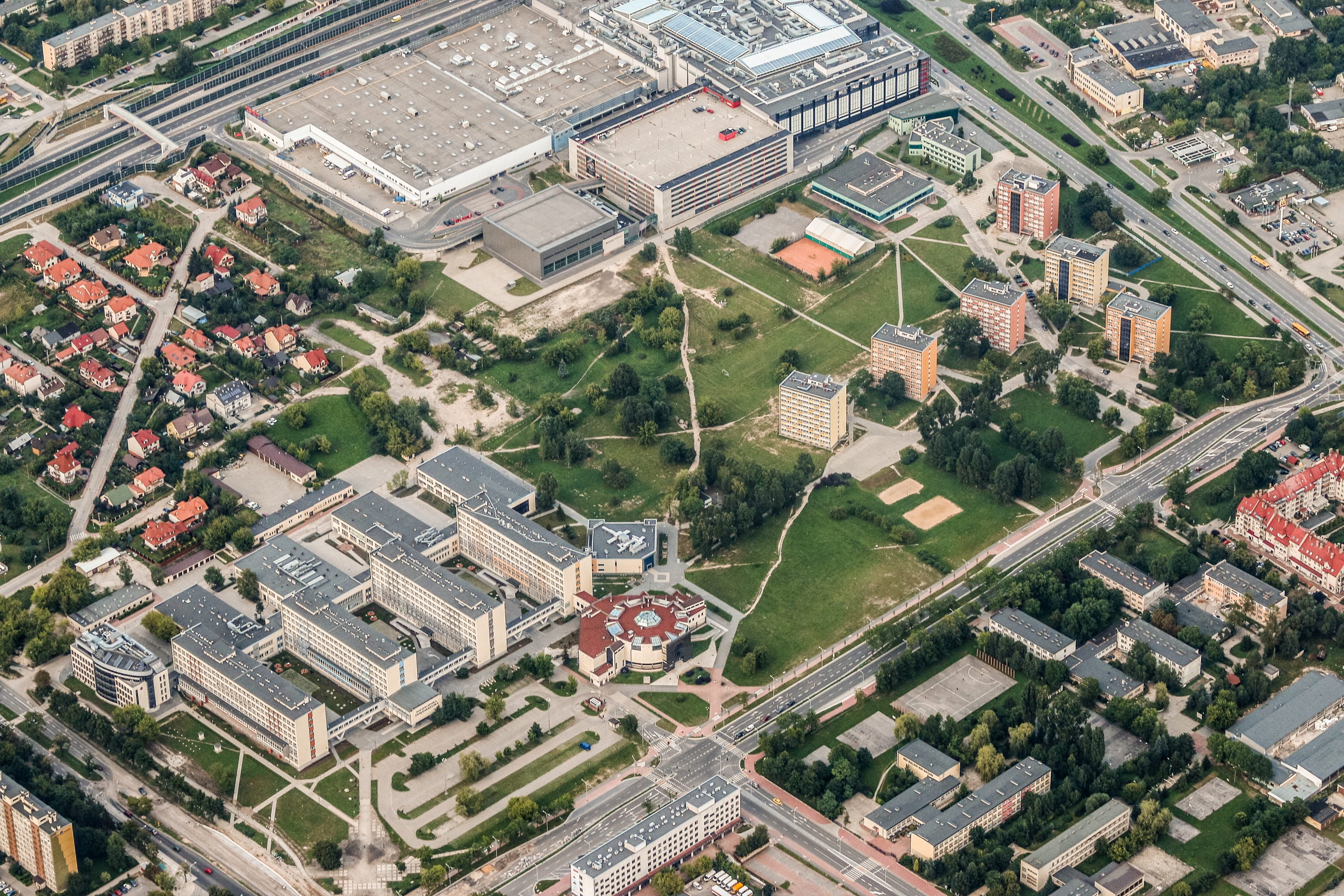 architecture, city, the university, environment, built structure, buildings, kielce, outdoors, day, road, aerial photo, transportation, building, nature, HD Wallpaper
