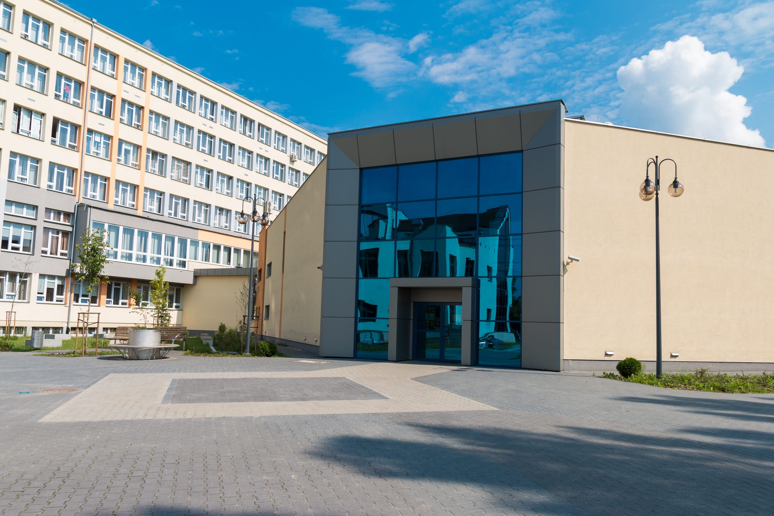 outdoors, school, buildings, window, office, day, architecture, blue, kielce, sunlight, cloud - sky, library, shadow, building exterior, city, no people, HD Wallpaper