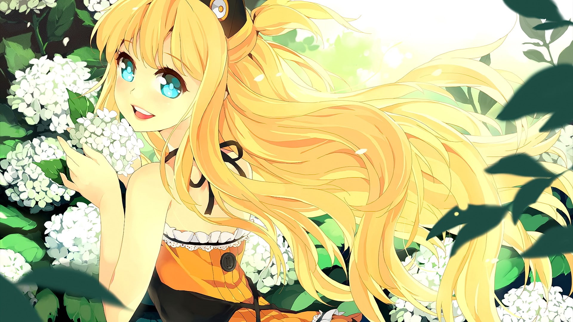 smiling, blue eyes, creativity, long hair, anime, flowering plant, nature, Vocaloid, looking at viewer, representation, hair ornament, yellow, close-up, HD Wallpaper