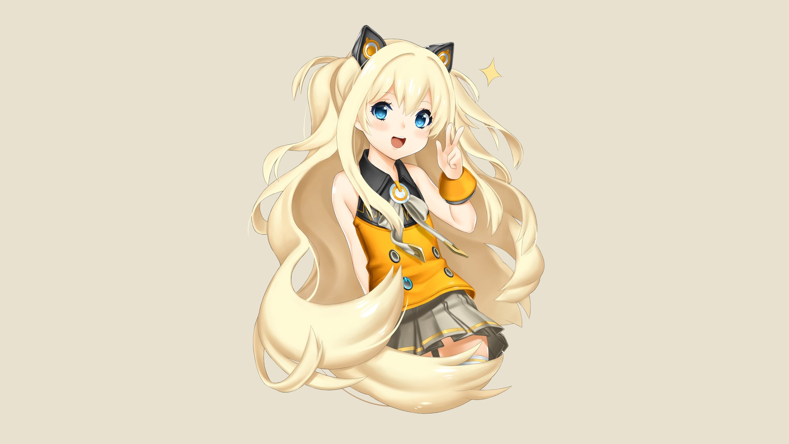 2K, simple background, skirt, thigh-highs, shirt, SeeU, long hair, blue eyes, zettai ryouiki, blonde, Vocaloid, anime girls, HD Wallpaper