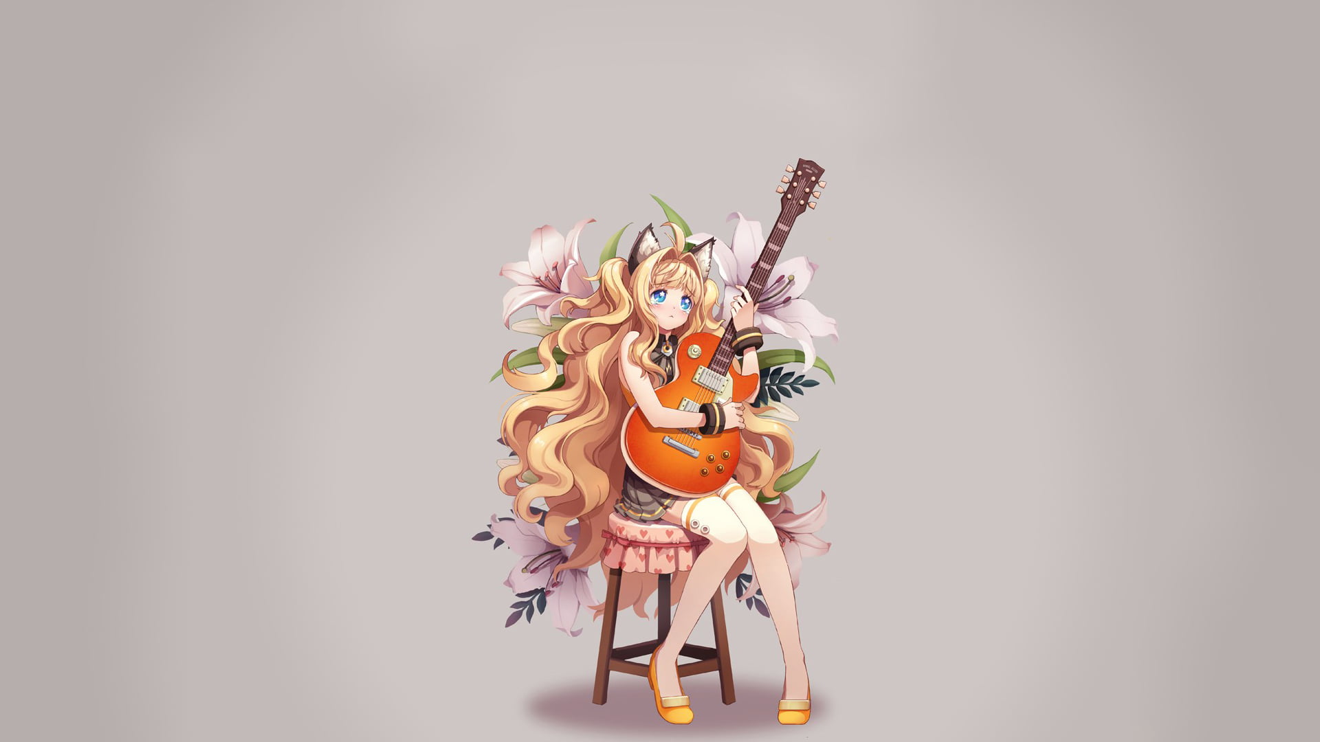 tears, blue eyes, 1080P, anime girls, nekomimi, SeeU, shirt, sitting, simple background, long hair, zettai ryouiki, animal ears, chair, flowers, Vocaloid, HD Wallpaper