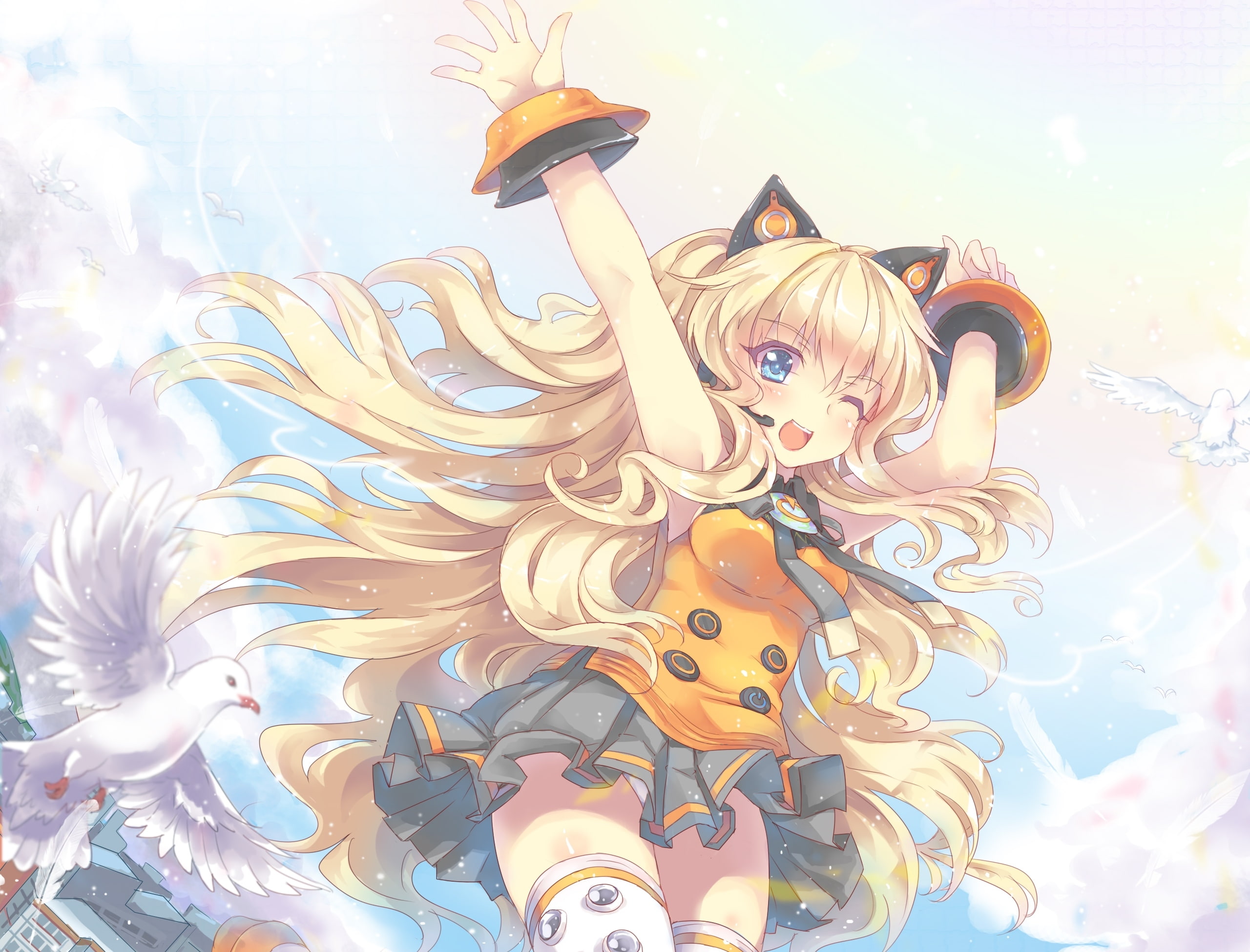 2K, Girl, Smile, Skirt, Long Hair, Vocaloid, SeeU (Vocaloid), Bird, Blue Eyes, Blonde, Anime, HD Wallpaper