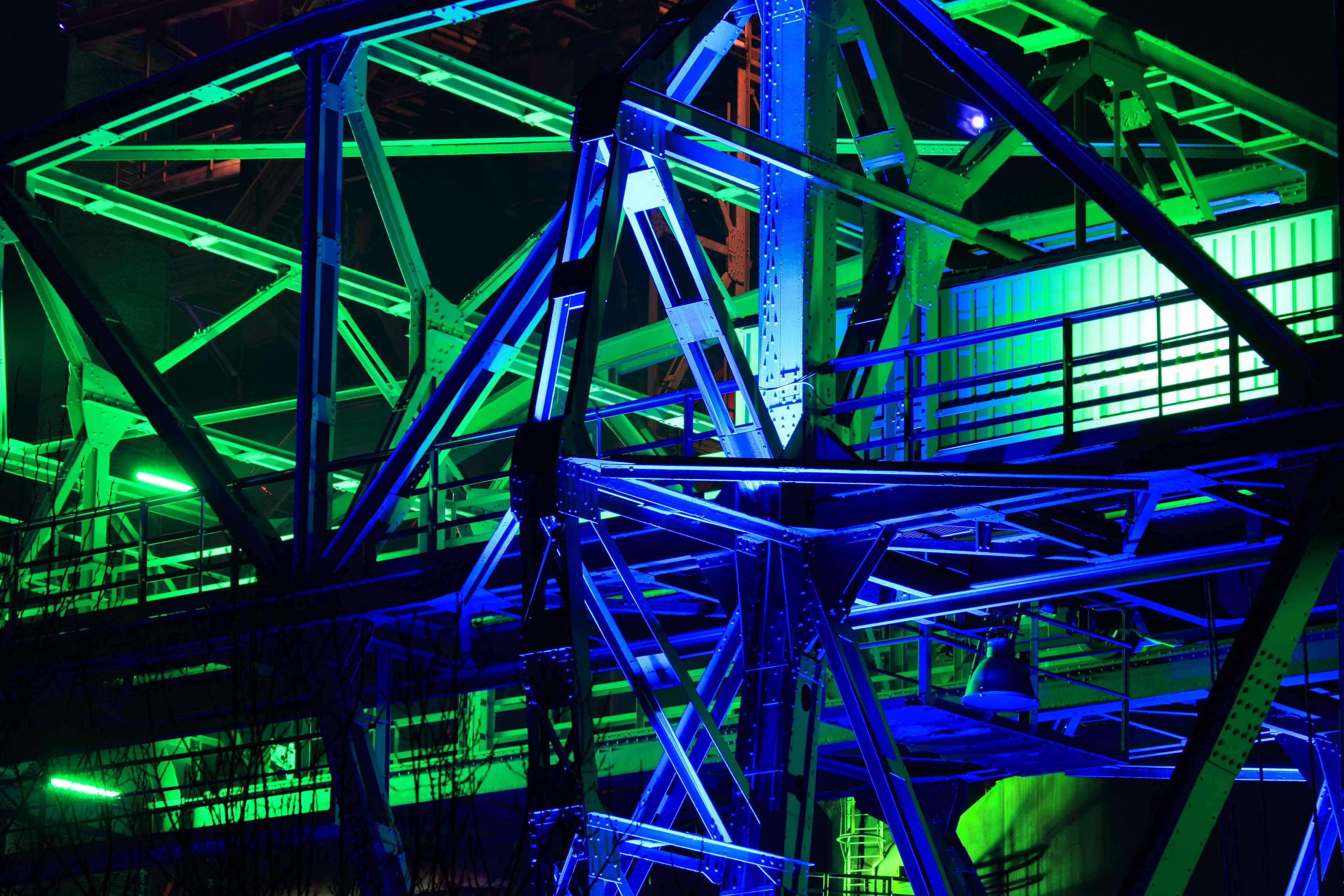 architecture, evening, steelwork, illumination, steel, green color, industrial, blast furnace, bridge, landschaftpark, no people, 4K, illuminated, enjoyment, HD Wallpaper
