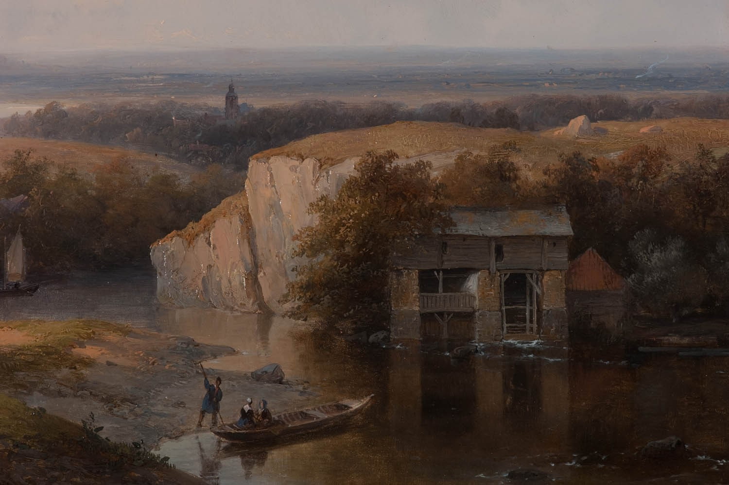 oil painting, field, house, river, painting, 720P, boat, classic art, HD Wallpaper