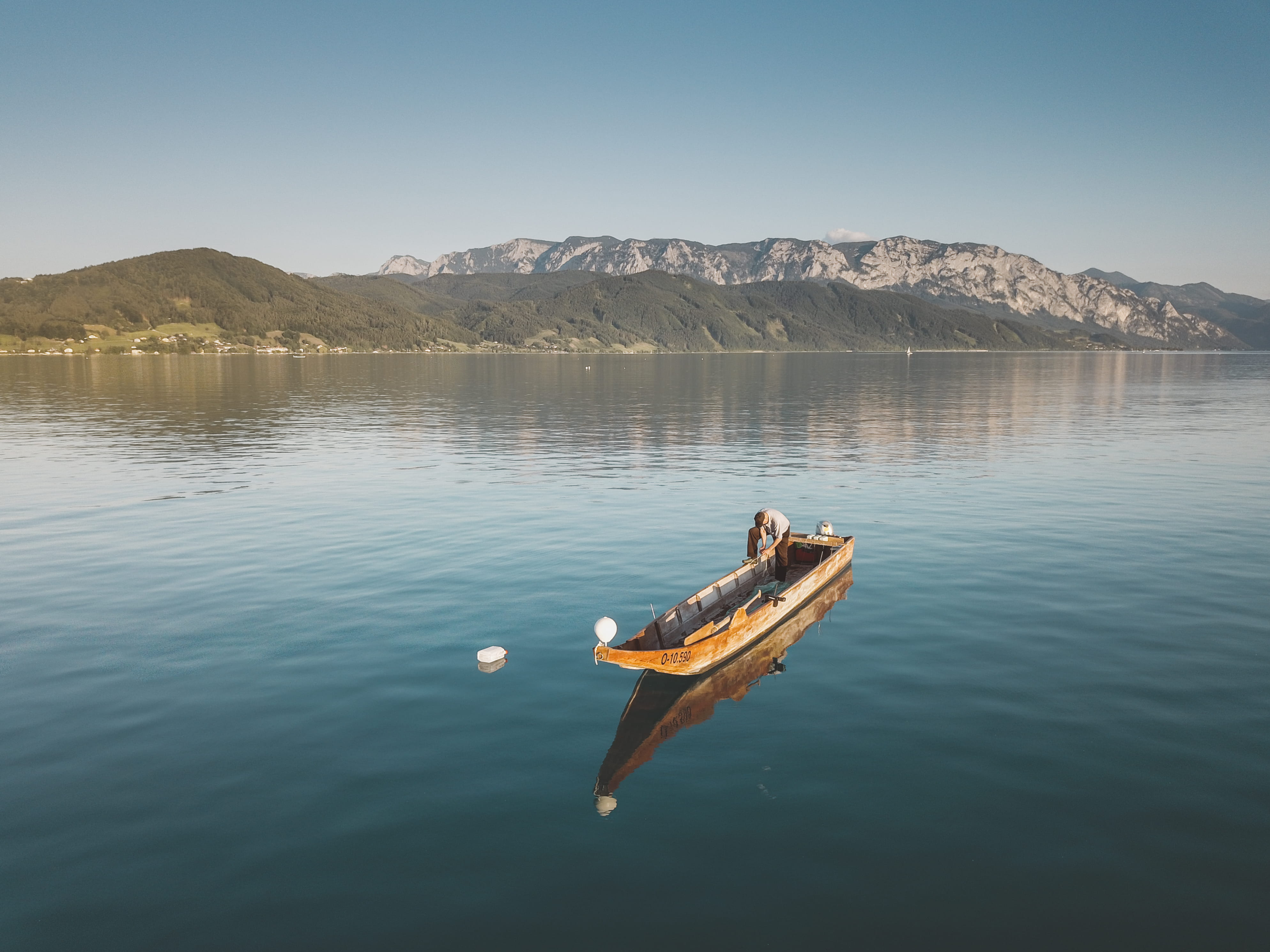 animal, scenics - nature, lake, mountain, non-urban scene, travel, summer, animals in the wild, sky, nautical vessel, one animal, outdoor, fisherman, transportation, HD Wallpaper