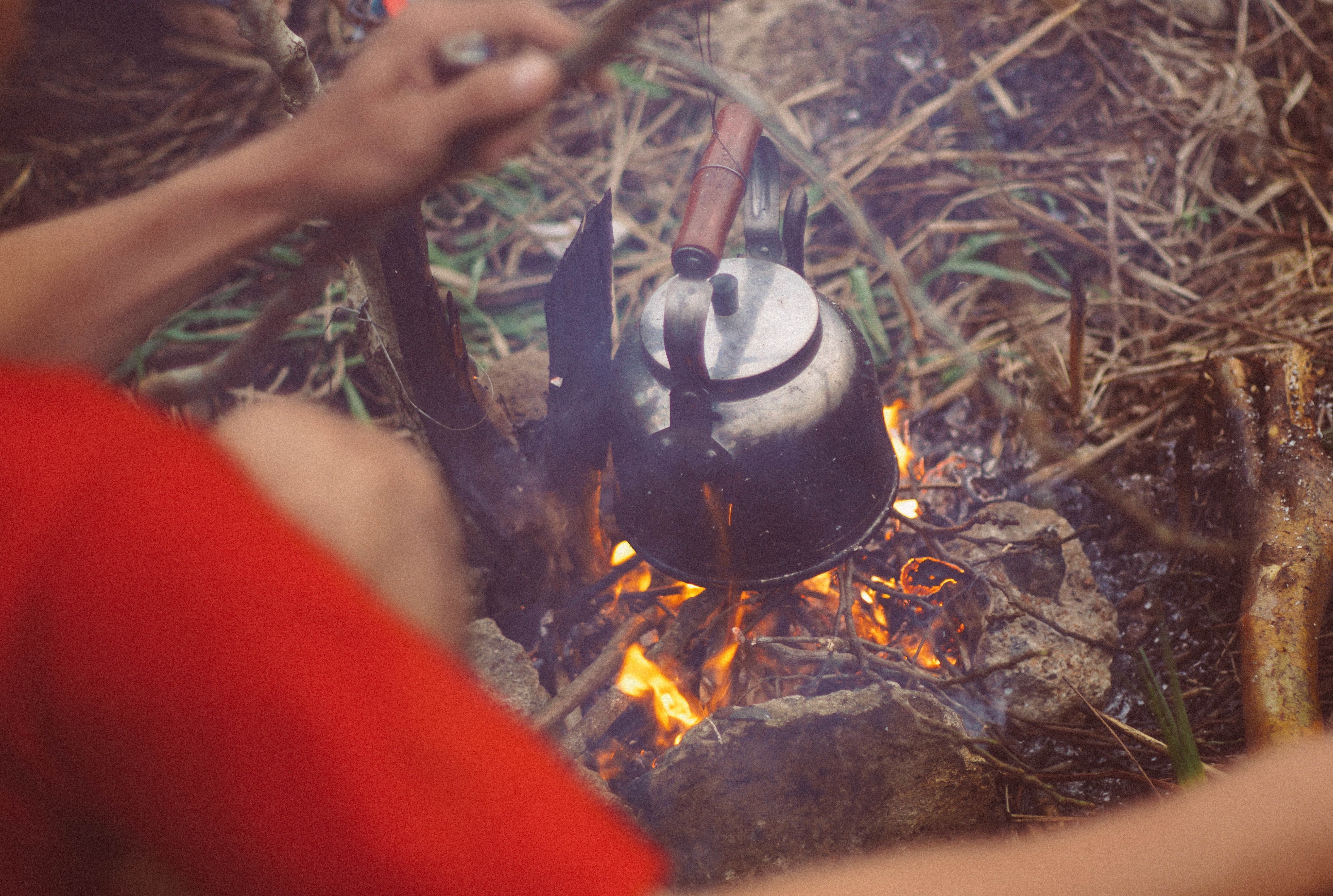 human body part, fire, day, gray, wood, heat - temperature, 4K, steel, top, coffee pot, nature, burning, camping, holding, campfire, one person, real people, HD Wallpaper