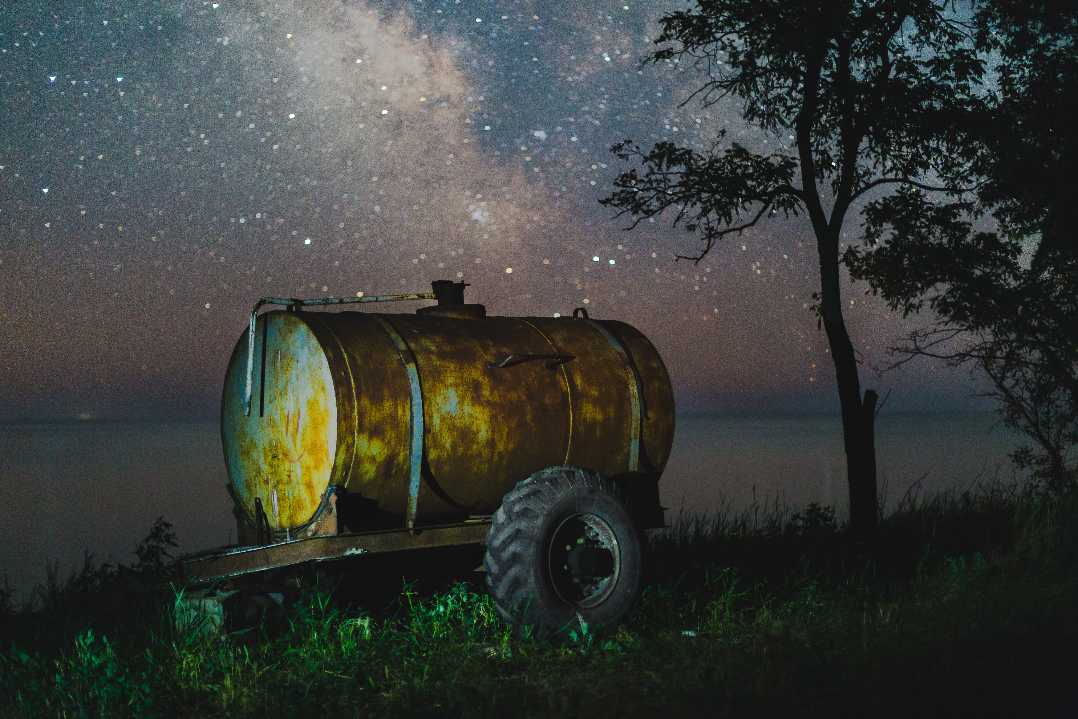 brown, tree, lake, beauty in nature, sky, plant, beach, wheel, grass, night, abandoned, smoker, near, rust, tank, barrel, no people, scenics - nature, tranquility, HD Wallpaper