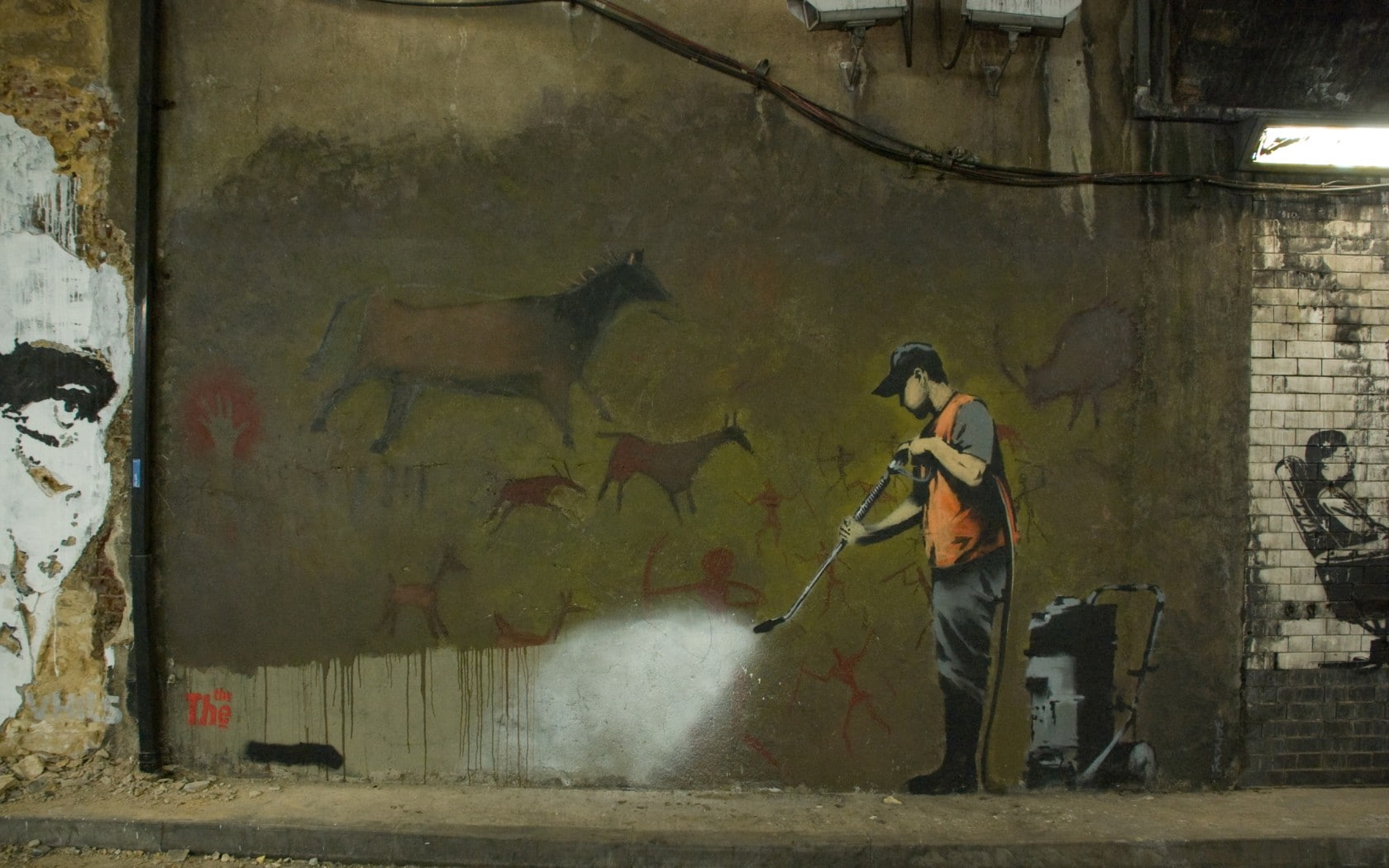 occupation, house, one person, rear view, day, art, building exterior, Banksy, street, working, lifestyles, wall - building feature, building, casual clothing, HD Wallpaper