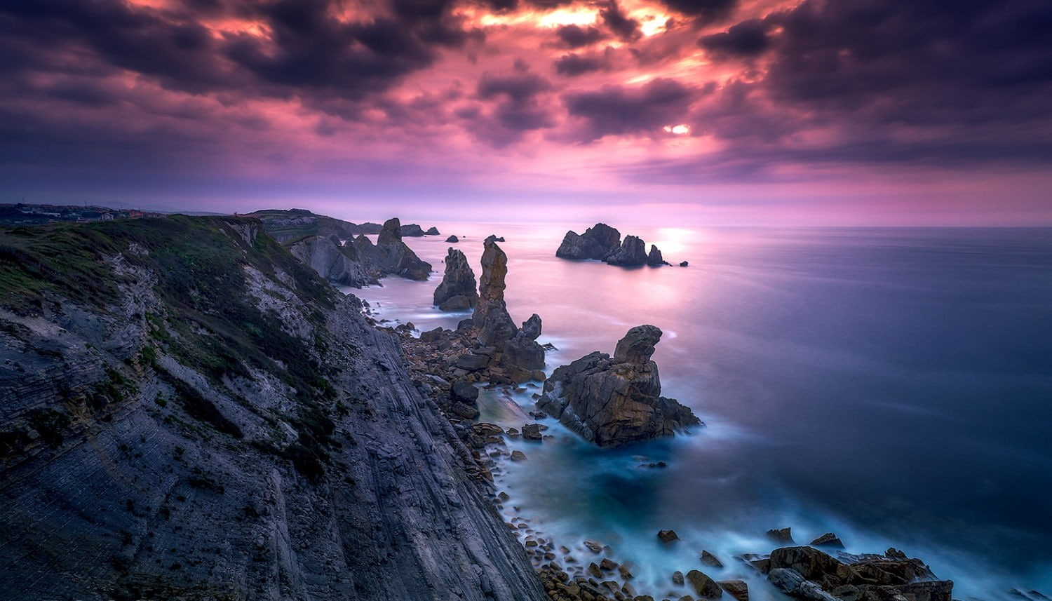 landscape, nature, pink, sunset, rocks, sky, clouds, sea, coast, Spain, 720P, photography, HD Wallpaper