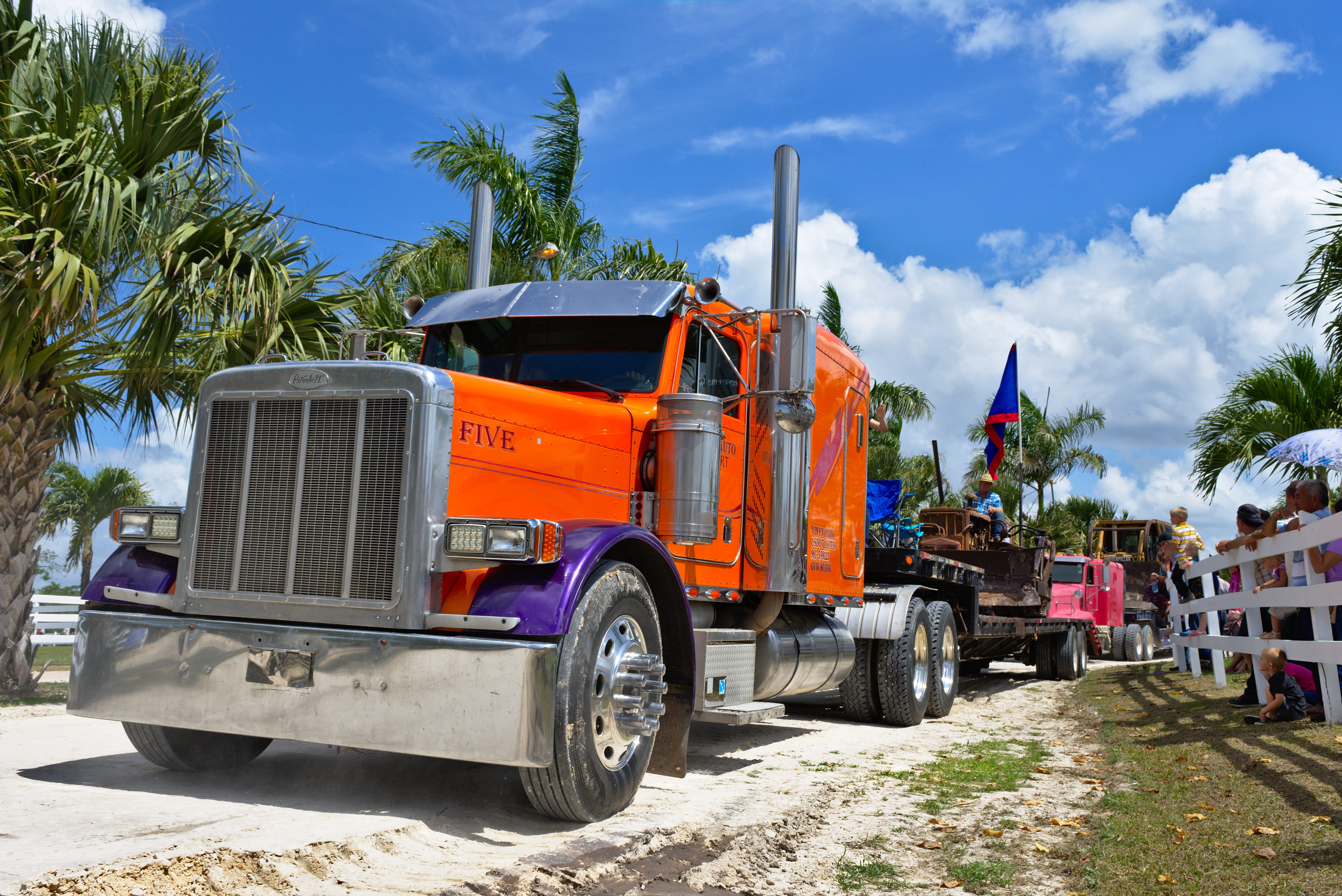 land vehicle, construction industry, truck, day, 5K, outdoors, orange, plant, tree, nature, big rig semi, cloud - sky, power, sky, built structure, road construction, HD Wallpaper