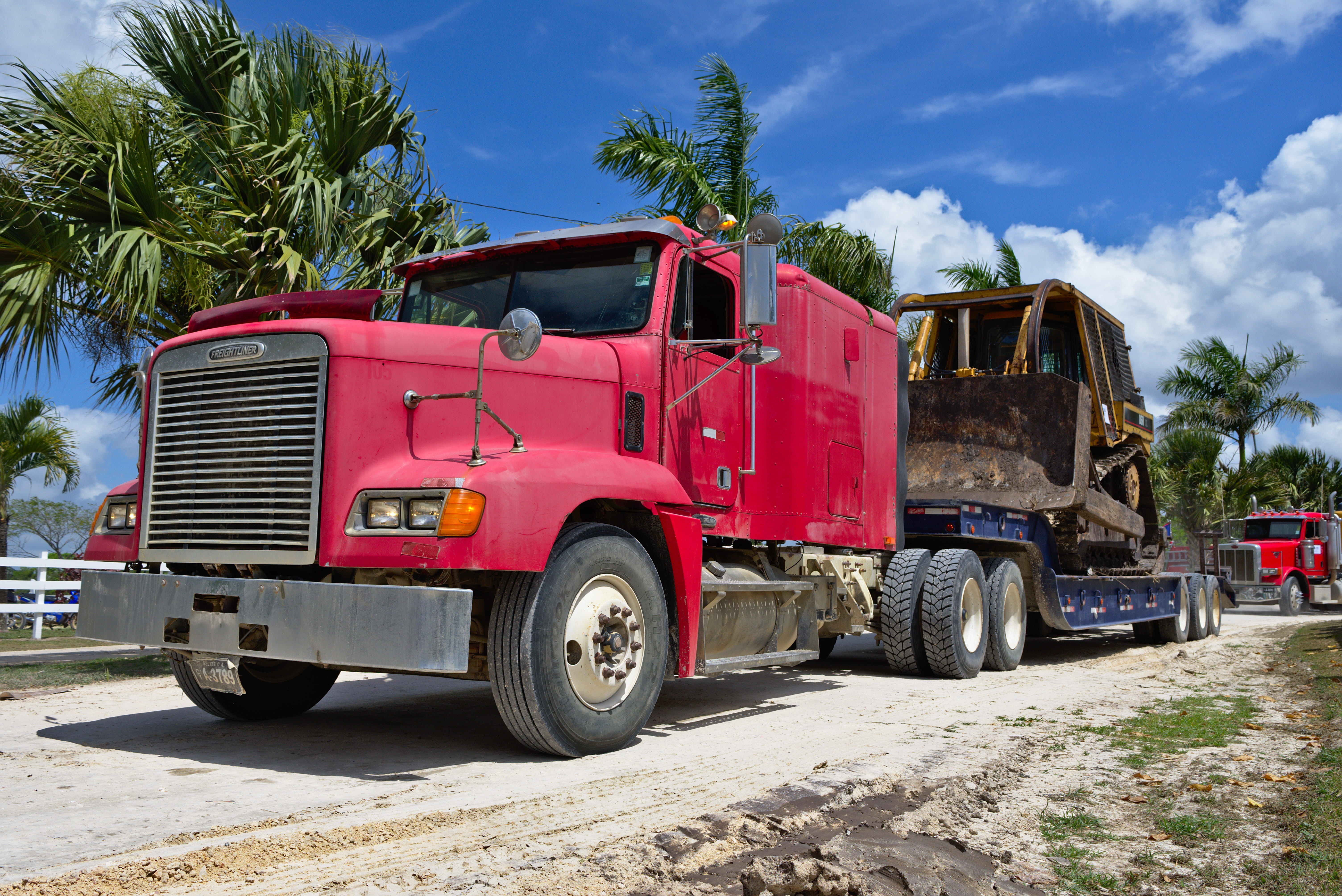 red, no people, sky, pick-up truck, street, day, city, wheel, nature, truck, caterpillar, transportation, cloud - sky, 5K, motor vehicle, heavy, outdoors, HD Wallpaper