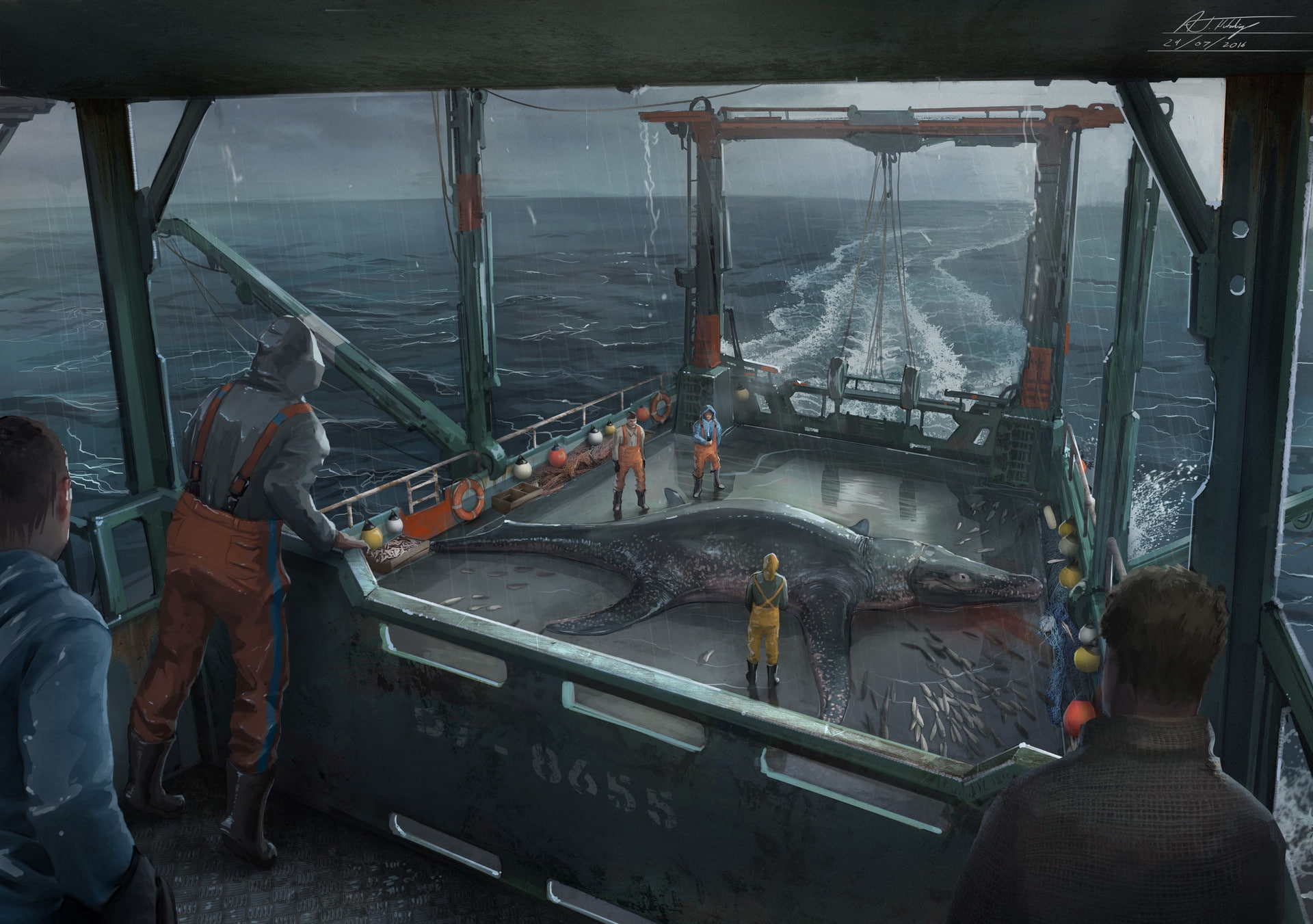 the ship, hauled up corrected, Hauled up Sea Beasts, 1080P, monster, fishing, people, HD Wallpaper