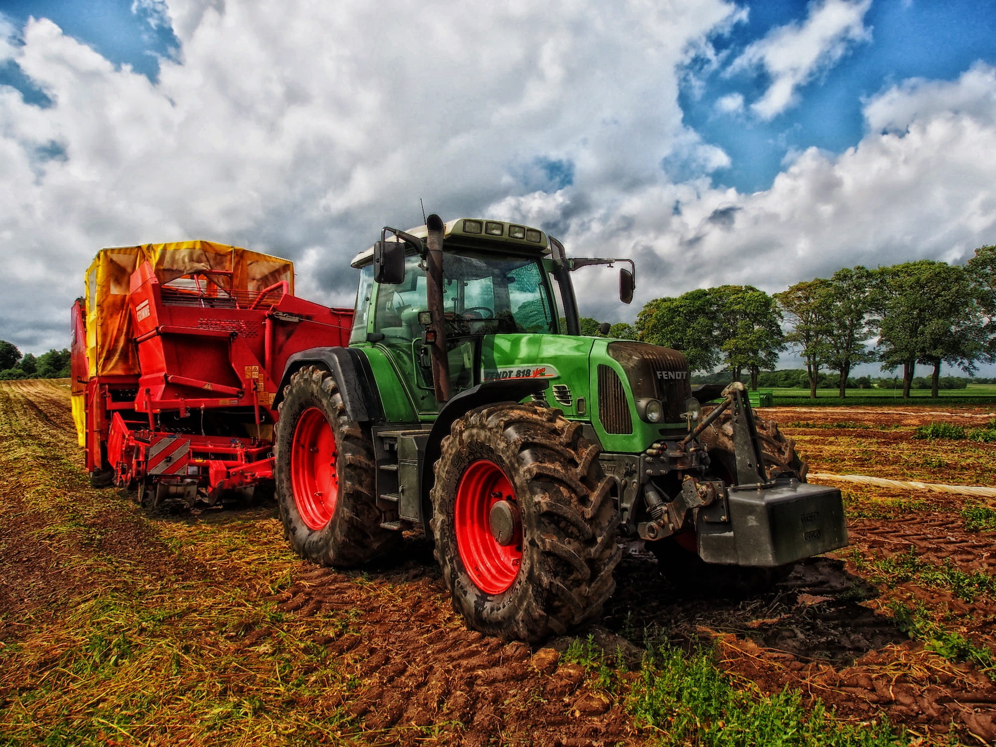farm, nature, tractor, green, pulling, rural scene, red, land, no people, farmland, mode of transportation, trees, land vehicle, day, agricultural equipment, HD Wallpaper