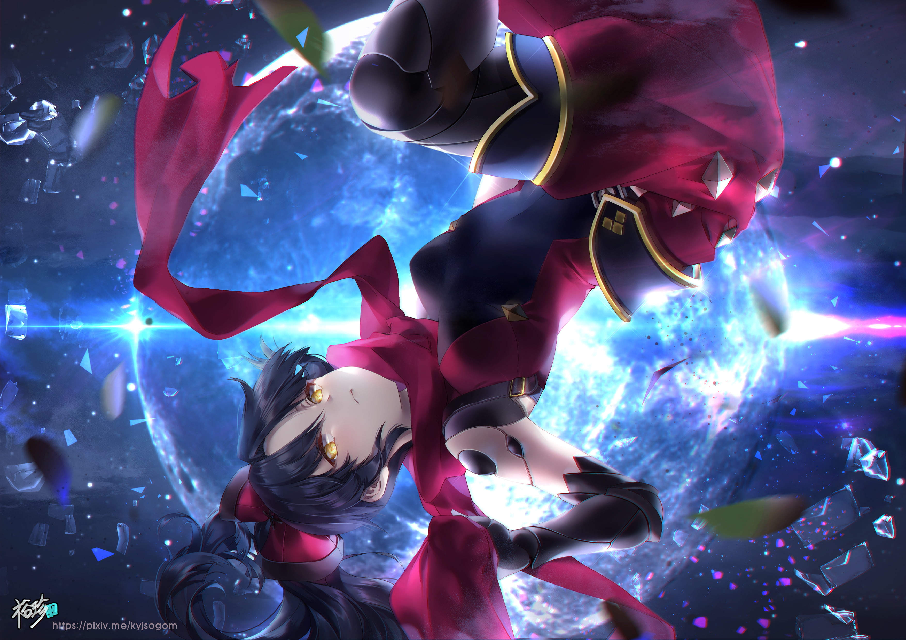 yellow, planet, konachan, watermark, 2K, hair, black, eyes, scarf, ponytail, gloves, fate, 253826, ninja, katou, com, long, bodysuit, (series), danzou, HD Wallpaper
