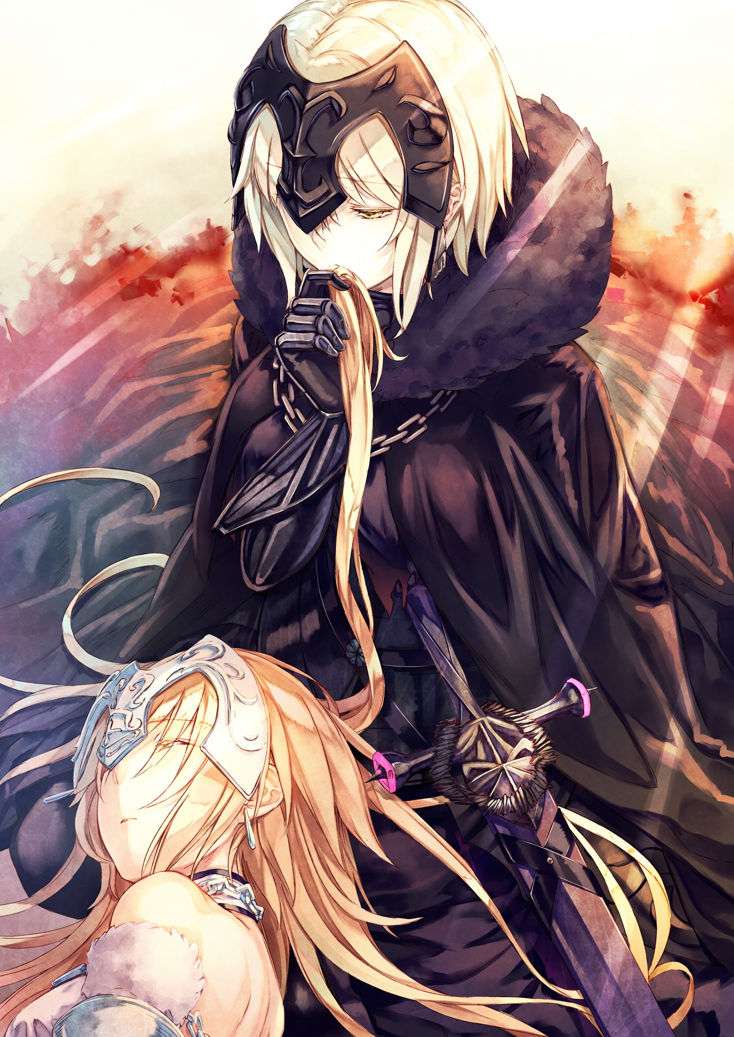 Fate/Apocrypha, anime girls, Fate/Grand Order, yellow eyes, 2D, blond hair, Jeanne (Alter) (Fate/Grand Order), FGO, fantasy weapon, fan art, grey hair, Phone HD Wallpaper