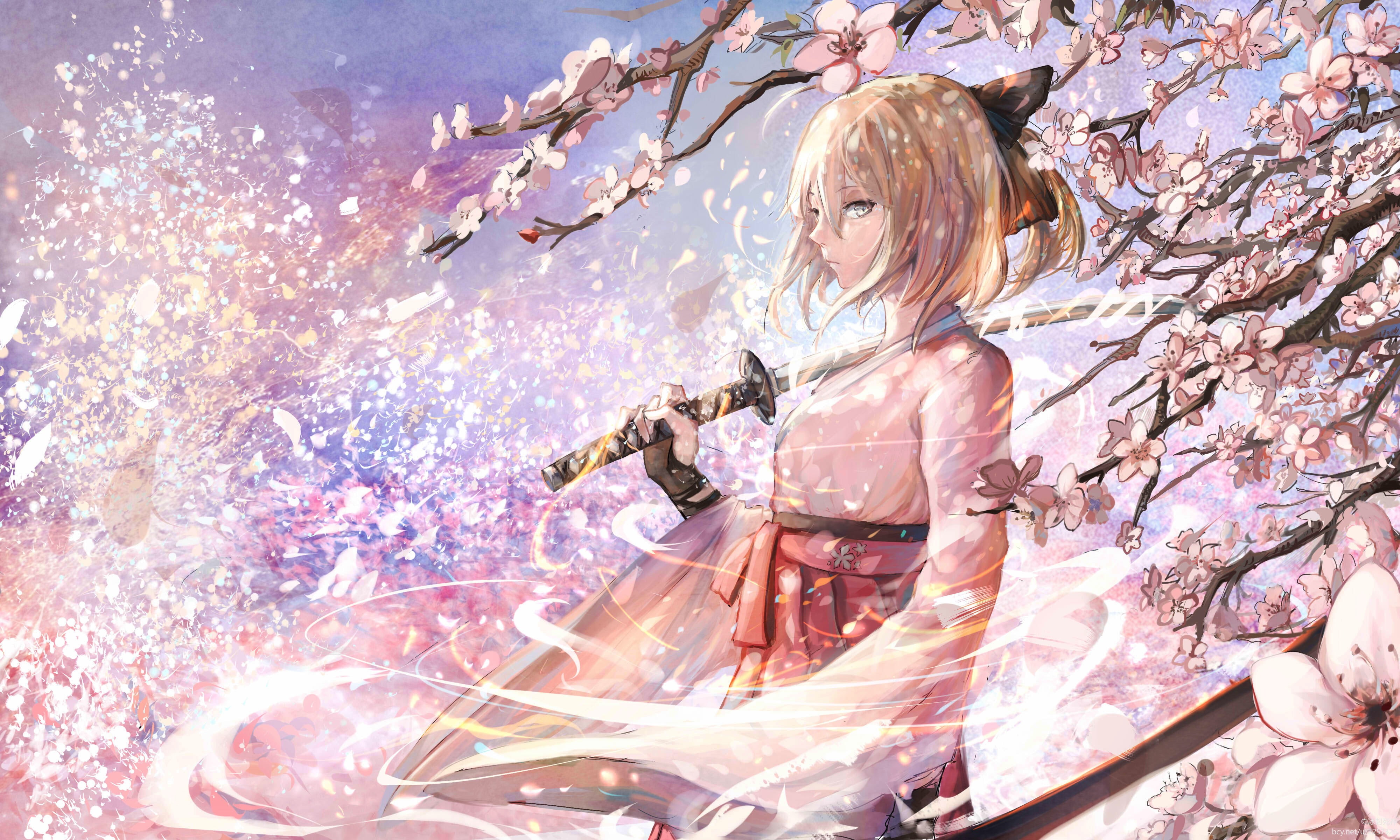 Fate/Grand Order, Anime, Saber (Fate Series), Sakura Blossom, Girl, Short Hair, Katana, Fate Series, Sword, 4K, Blonde, Weapon, Fate (Series), Kimono, HD Wallpaper