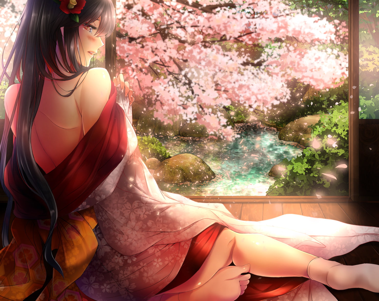 Japanese Clothes, Demon archer (Fate/Grand Order), Blush, Cherry Blossom, Flower, Water, Petal, Fate/Grand Order, Fate Series, Black Hair, 720P, Long Hair, HD Wallpaper