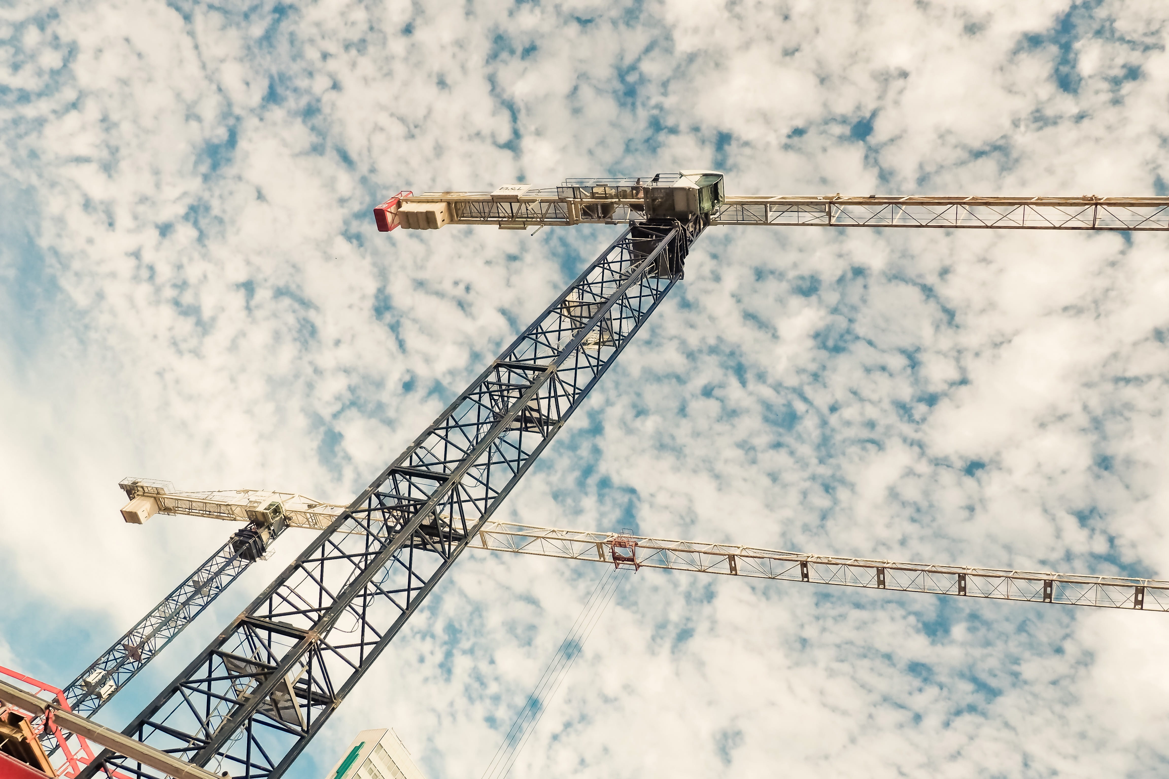 construction machinery, outdoors, development, equipment, sky, build, construction equipment, mining, lifting crane, cloud - sky, 4K, high, crane arm, HD Wallpaper