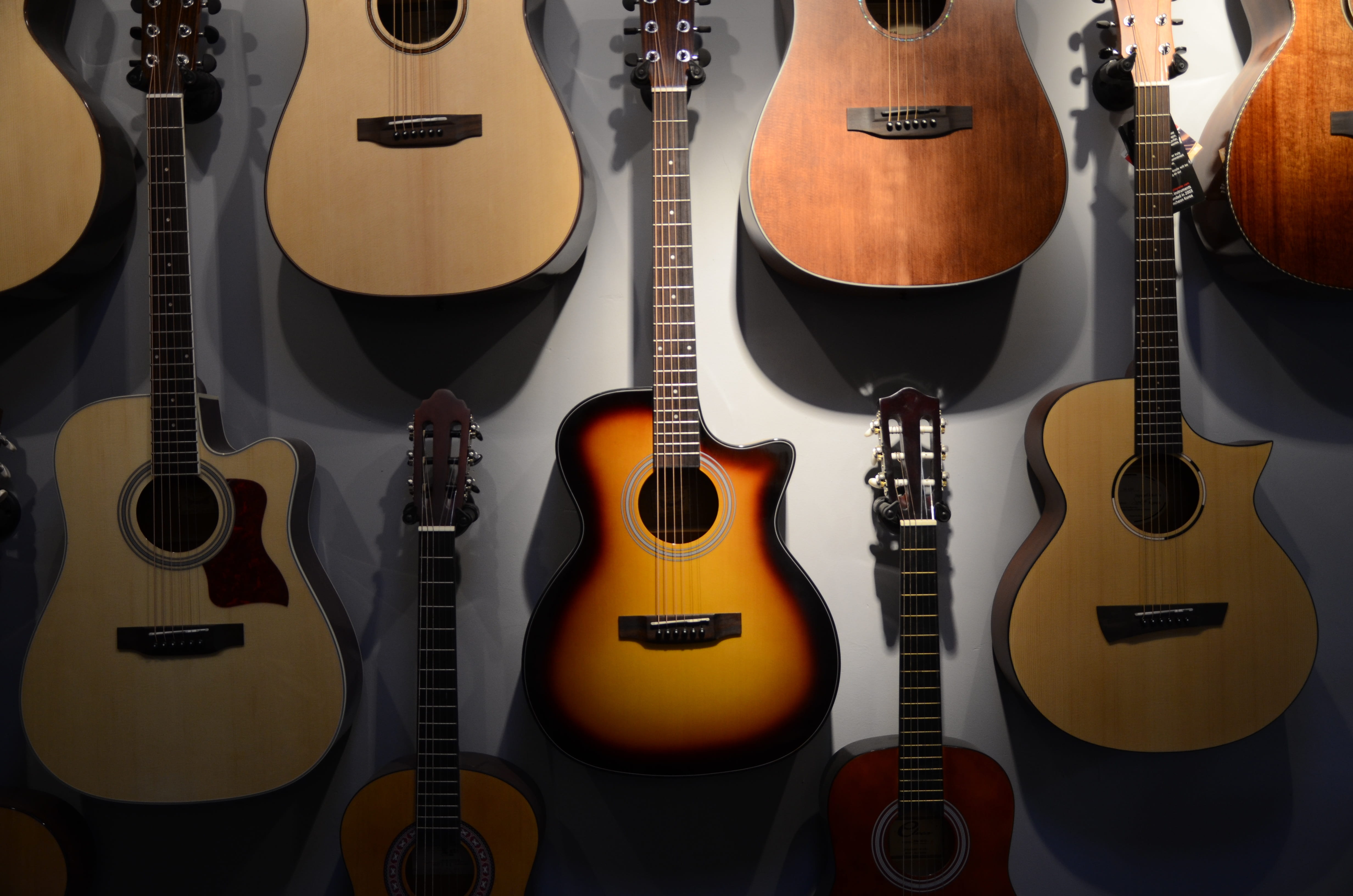 acoustic guitar, hobby, choice, close-up, indoors, musical instrument, electric guitar, musical equipment, no people, sheet music, variation, string instrument, HD Wallpaper