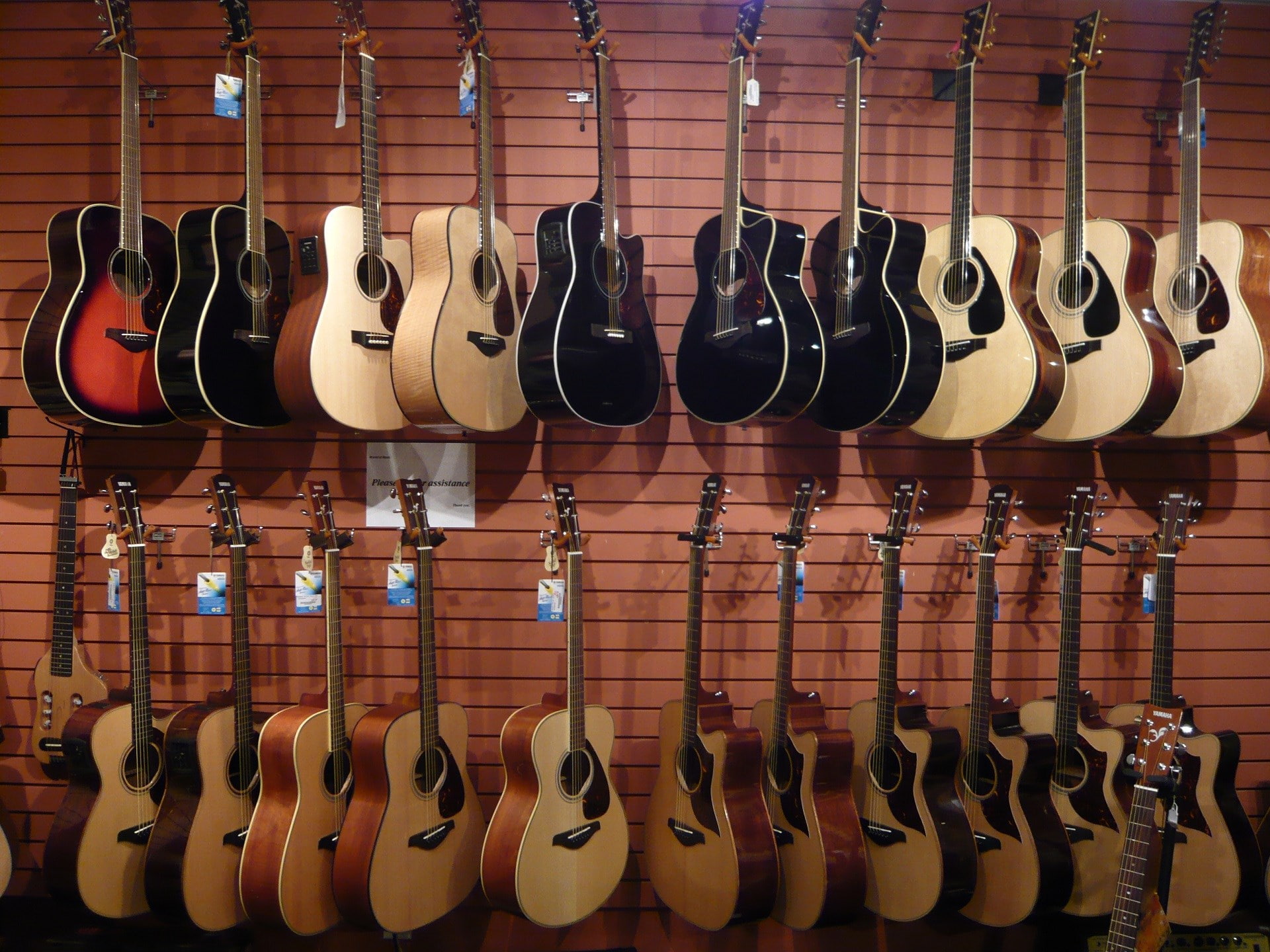 musical equipment, hanging, string instrument, retail display, choice, order, store, sale, guitar, variation, arrangement, in a row, for sale, 1080P, no people, HD Wallpaper