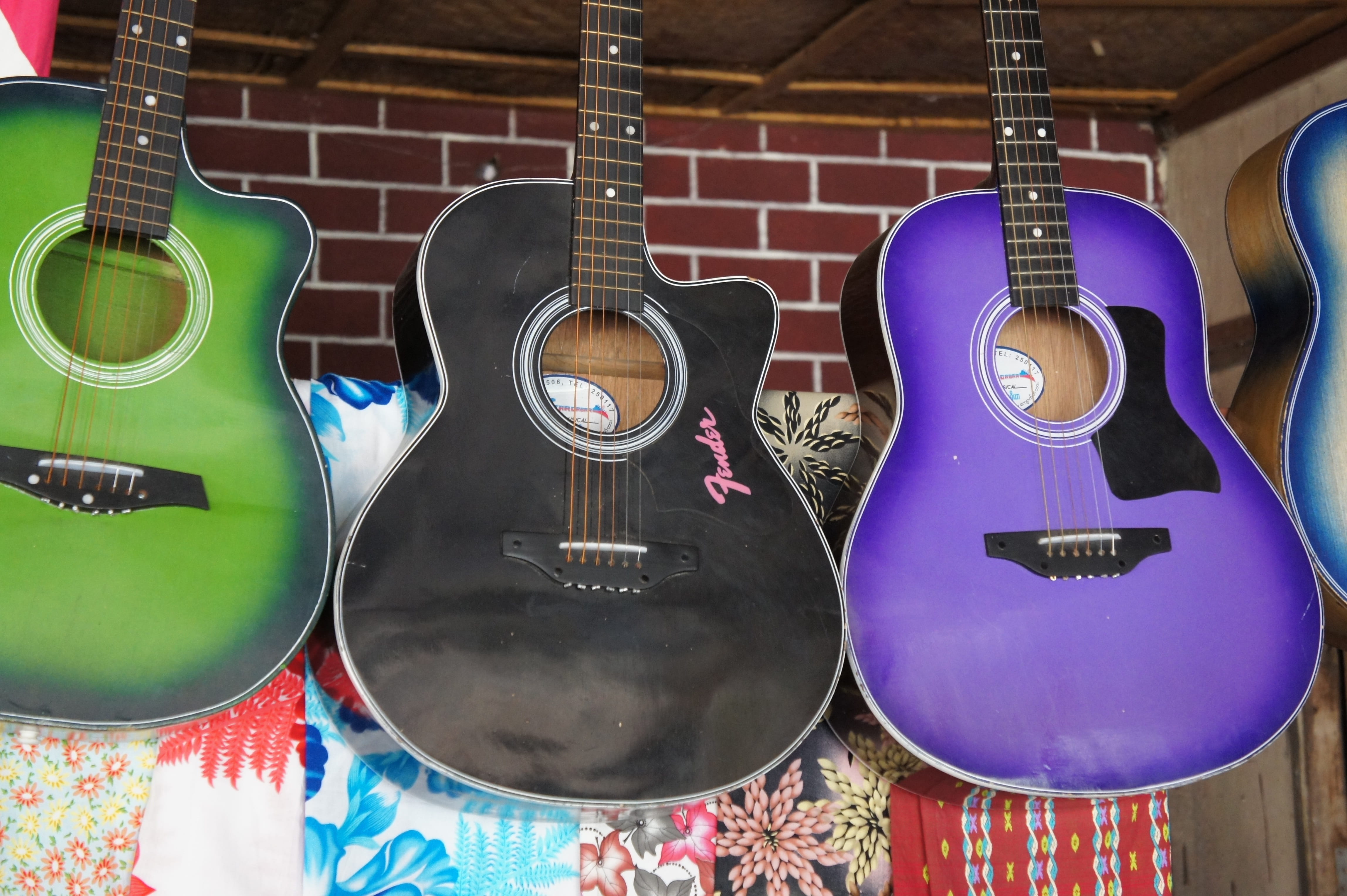 indoors, music store, side by side, string instrument, variation, musical equipment, arts culture and entertainment, hanging, guitar, 4K, musical instrument, HD Wallpaper