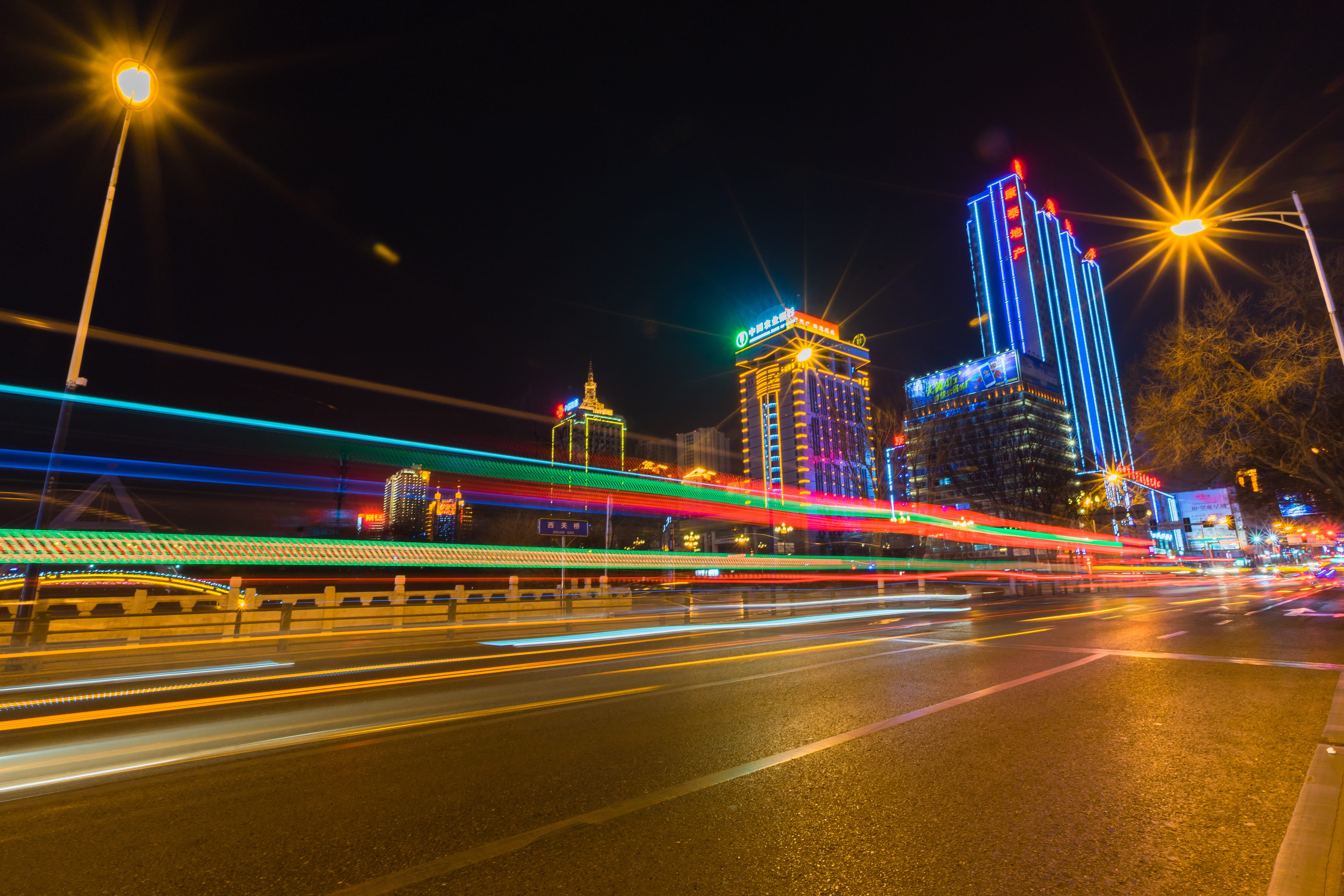night, cityscape, 5K, road, lens flare, River Road, travel destinations, bridge - man made structure, Night View, slow gate, light trail, Yellow River, HD Wallpaper