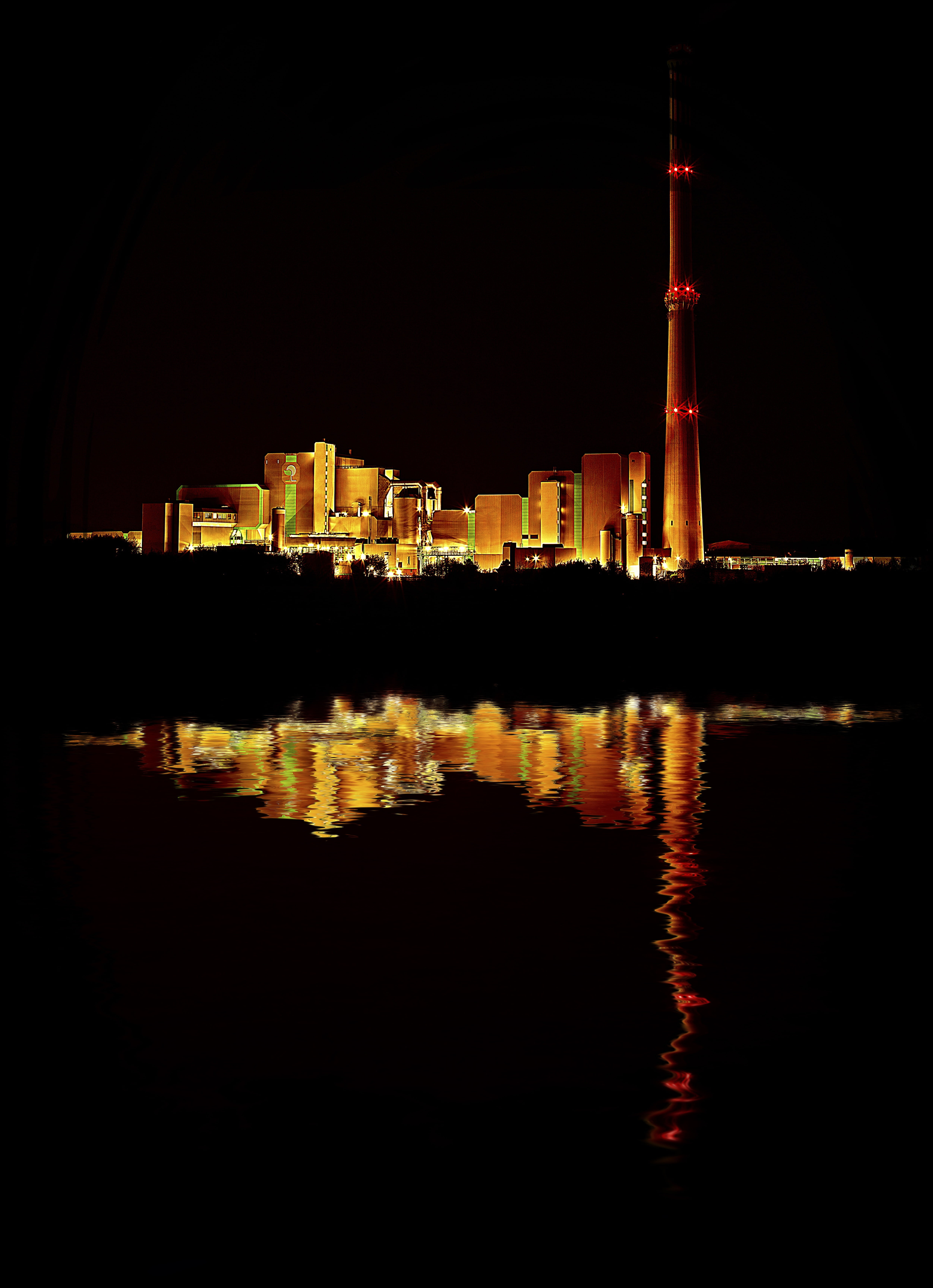 industry, night, north rhine westphalia, chimney, fireplace, lightened, sky, copy space, nature, skyscraper, building, tower, 5K, heating plant, ruhr area, Phone HD Wallpaper