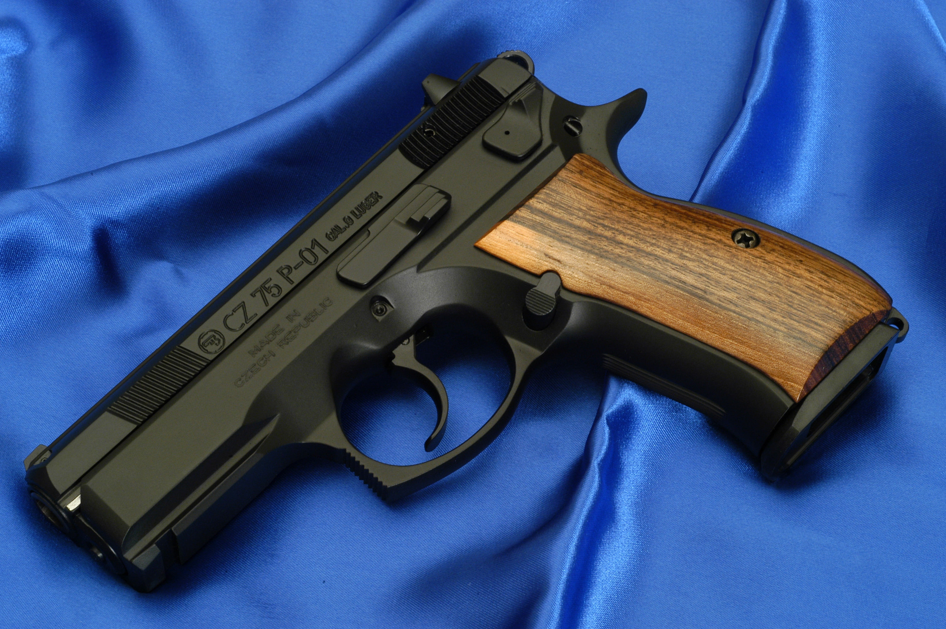 FS-75, brown, wood - material, 2K, still life, Gun, p, textile, Czech Republic, protection, violence, bed, 9mm, safety, P-01, table, cz, blue, law, weapon, HD Wallpaper