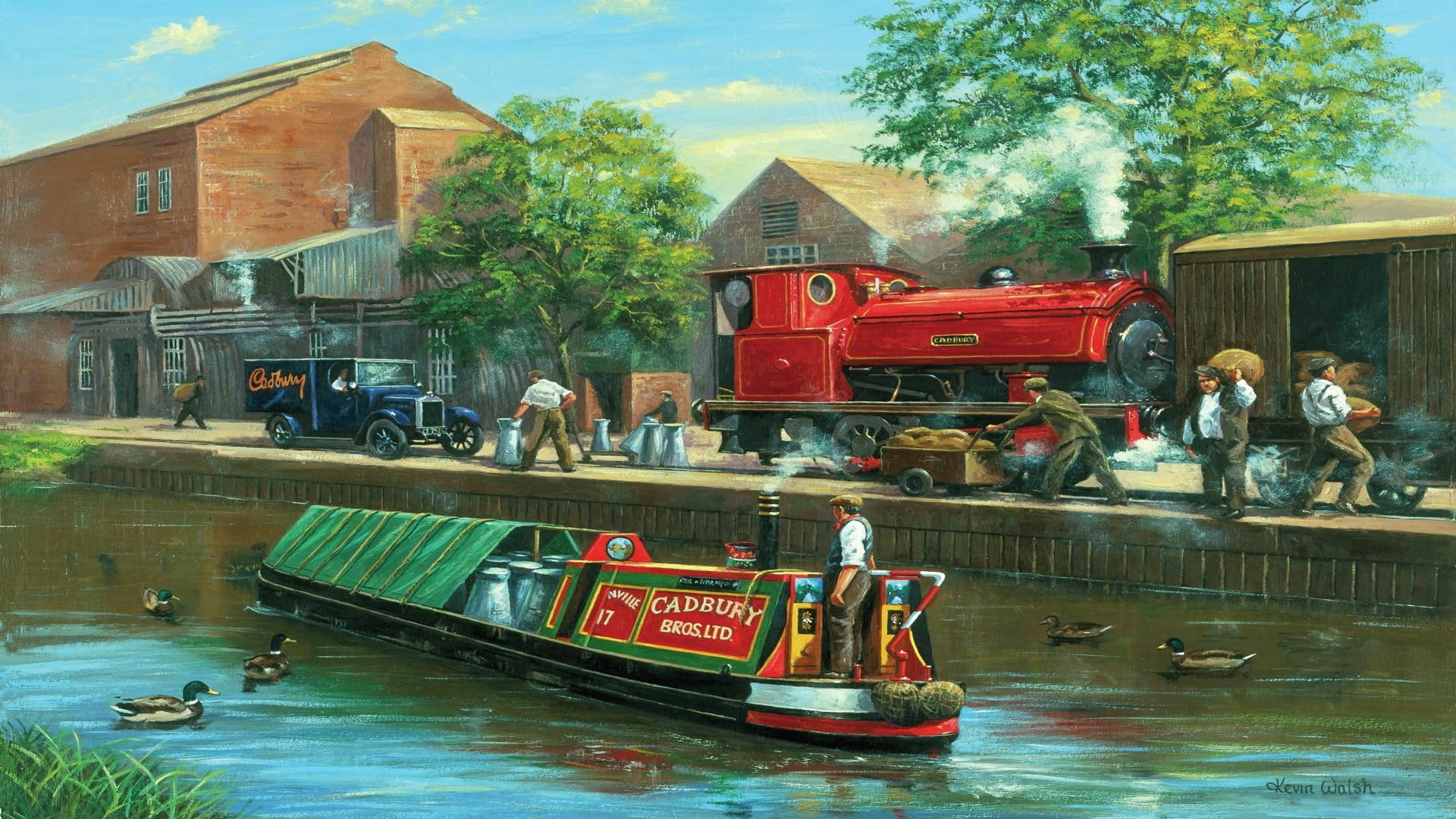 train, steam, canal, england, cadbury, painting, factory, chocolate, ducks, boat, 1080P, HD Wallpaper