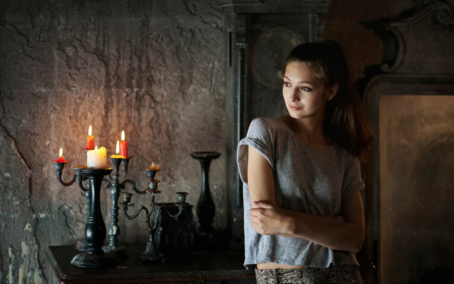 fire - natural phenomenon, adult, young adult, fire, real people, burning, indoors, standing, women, candle, serious, young women, teenager, one person, HD Wallpaper