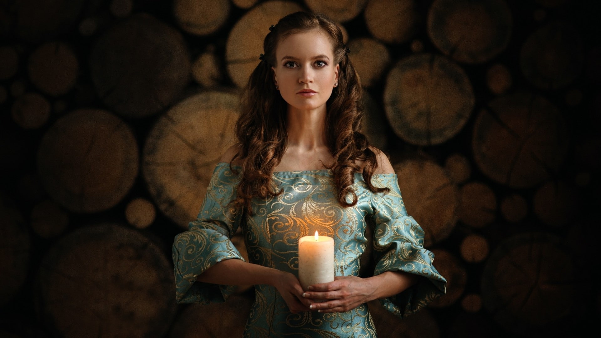 women, candles, long hair, flame, candle, one person, beauty, young adult, blue dress, brunette, portrait, standing, fashion, wood, dark, model, burning, HD Wallpaper