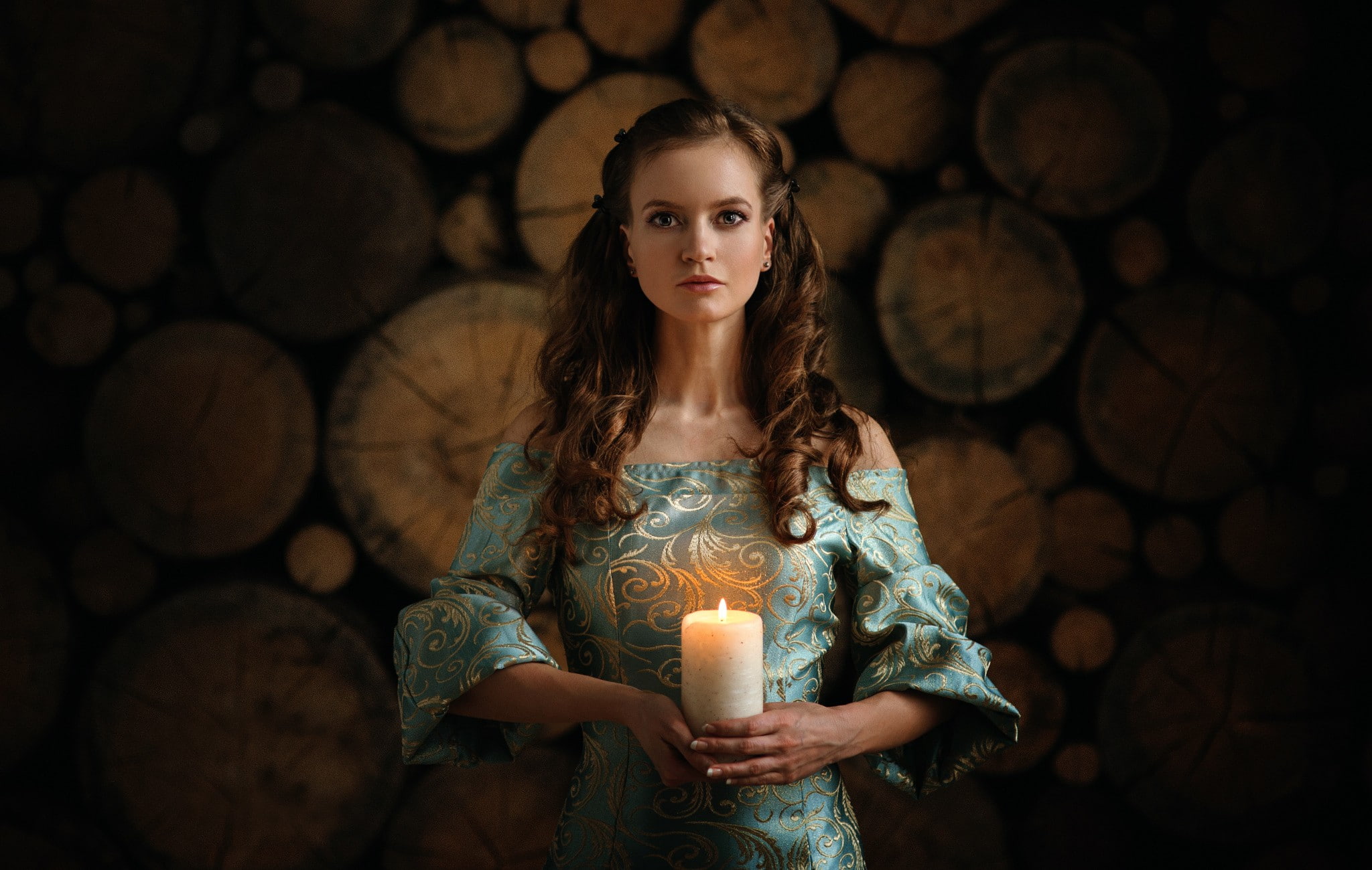 dress, beauty, women, depth of field, one person, log, candles, young adult, 1080P, indoors, beautiful woman, portrait, holding, model, front view, hairstyle, HD Wallpaper