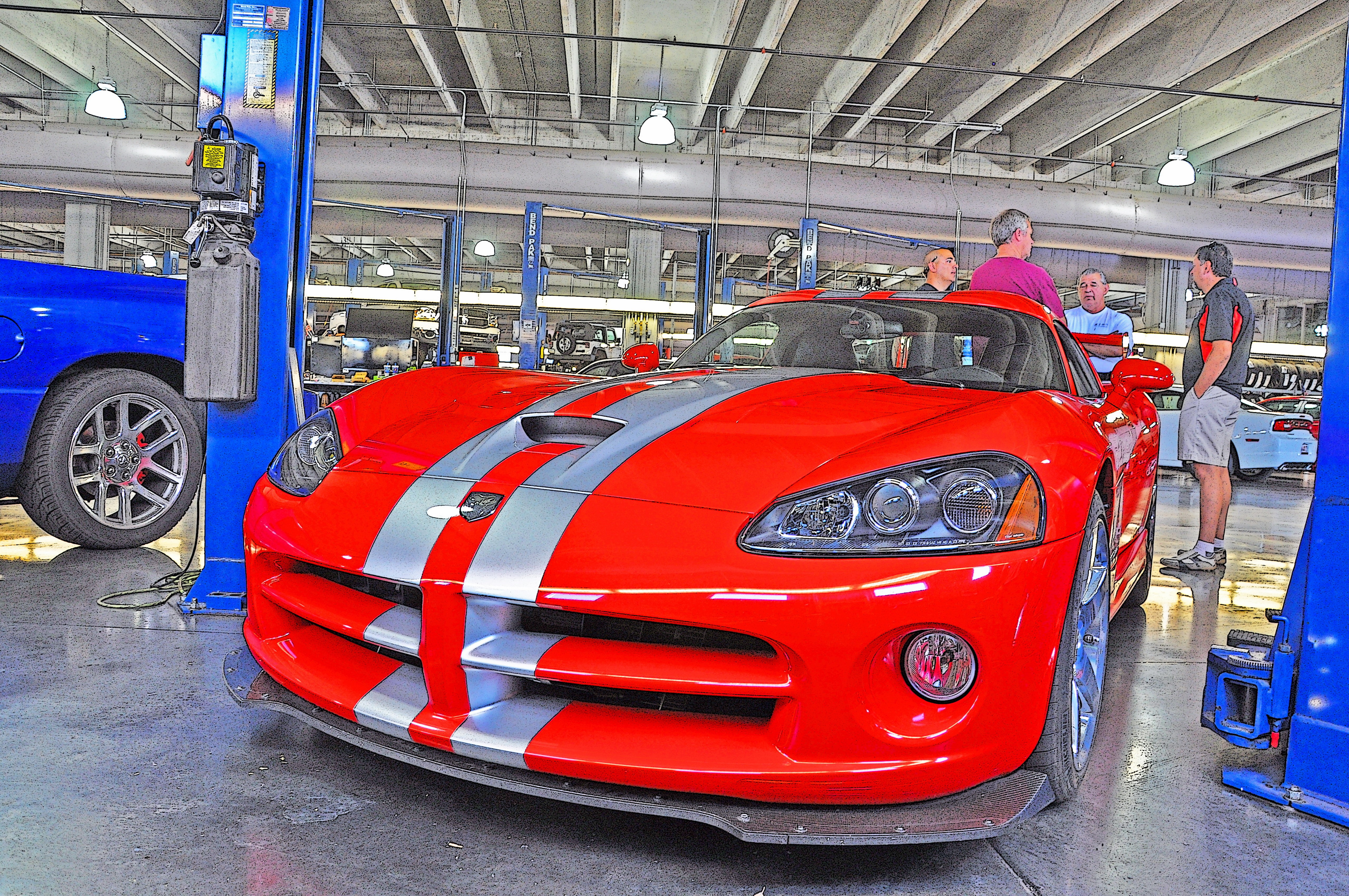 red, architecture, protection, working, retail, incidental people, indoors, motor vehicle, land vehicle, mechanic, Dodge Viper, vehicle part, men, business, HD Wallpaper