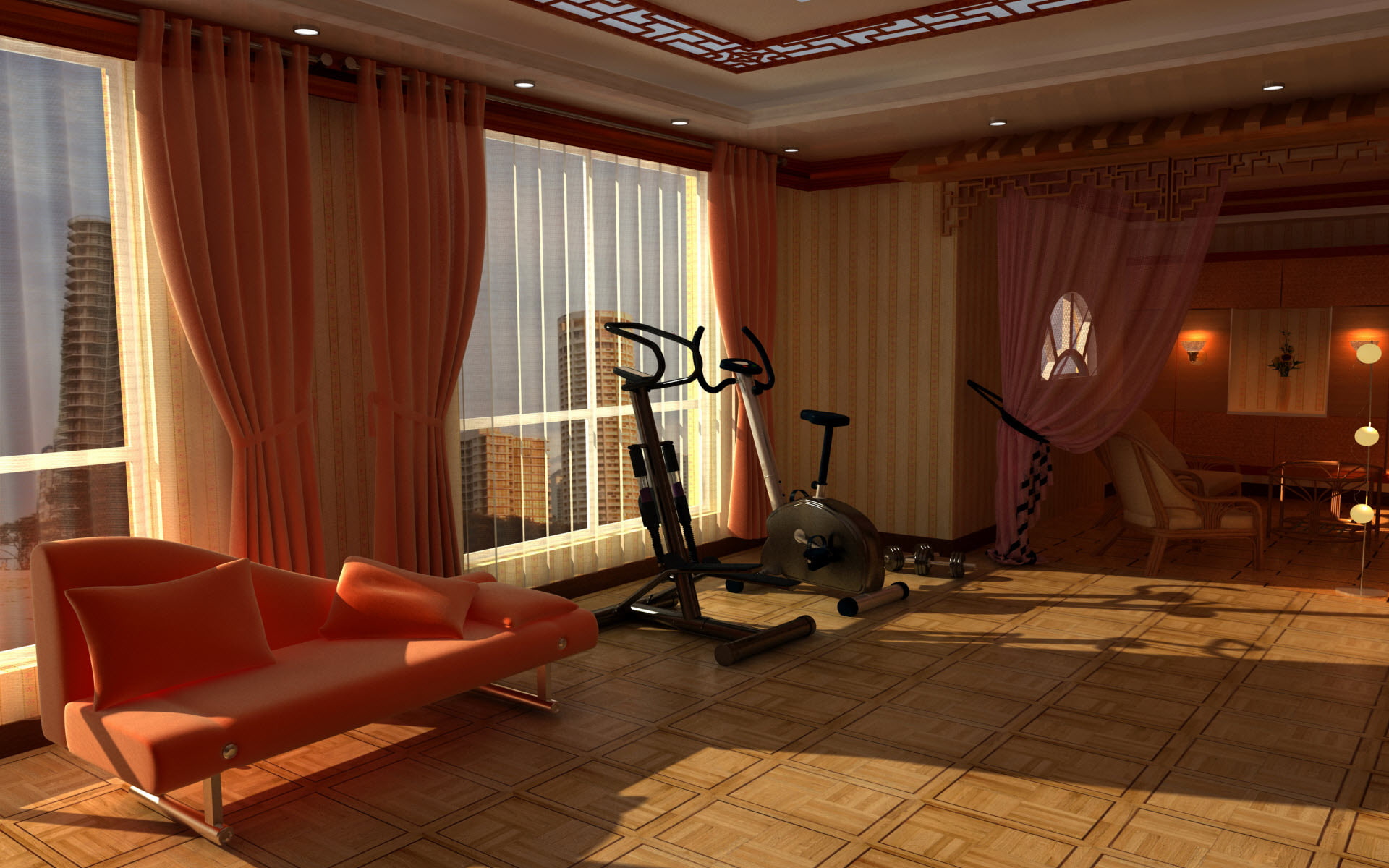domestic room, living room, modern, window, hotel, interior, black, chair, sofa, curtain, apartment, wood, home showcase interior, the gym, 1080P, trainer, HD Wallpaper