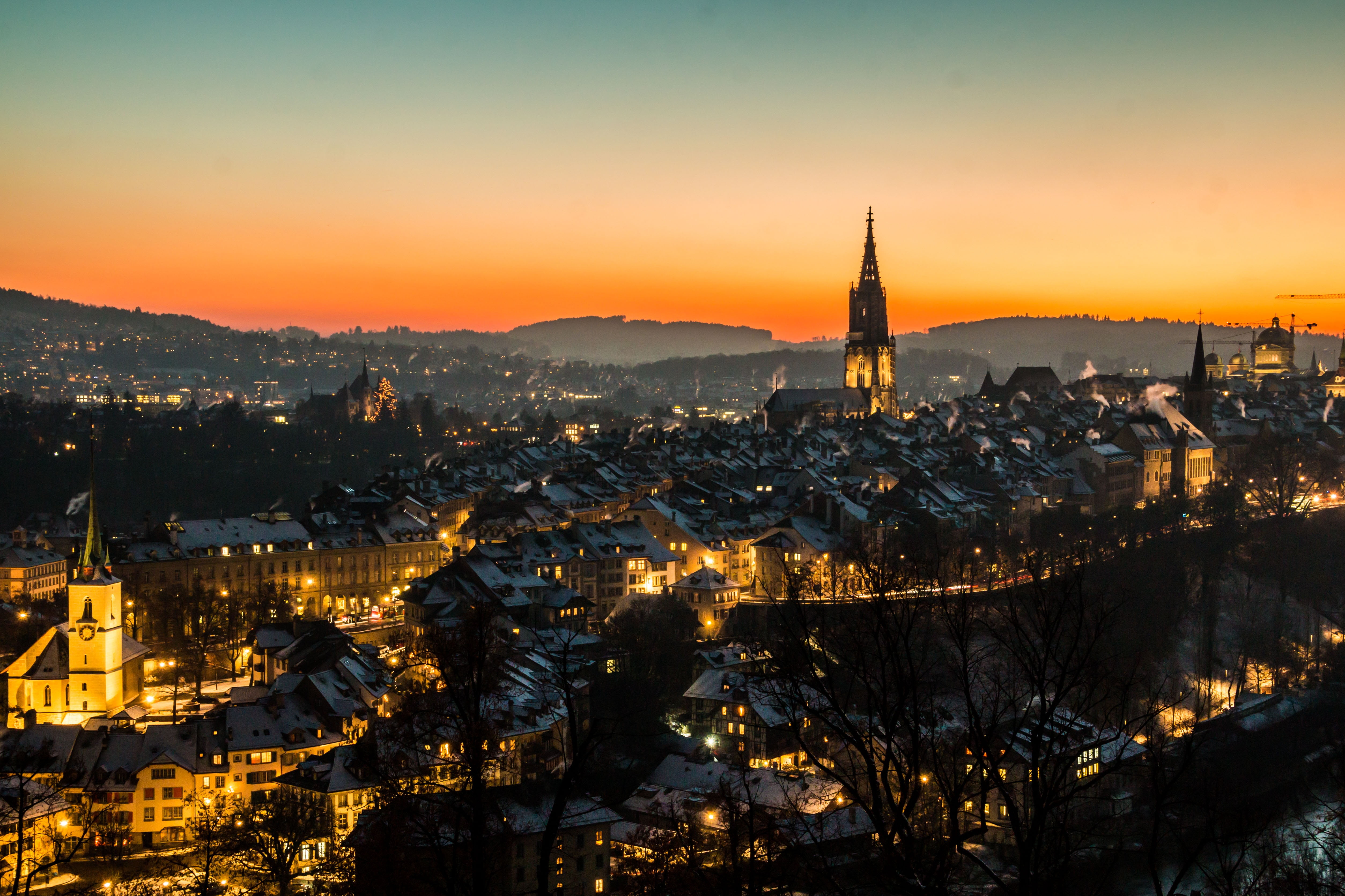 sky, townscape, city, belief, bridge, chimney, old town, orange color, snow, spire, outdoors, nature, downtown, mountain, place of worship, wintry, religion, HD Wallpaper