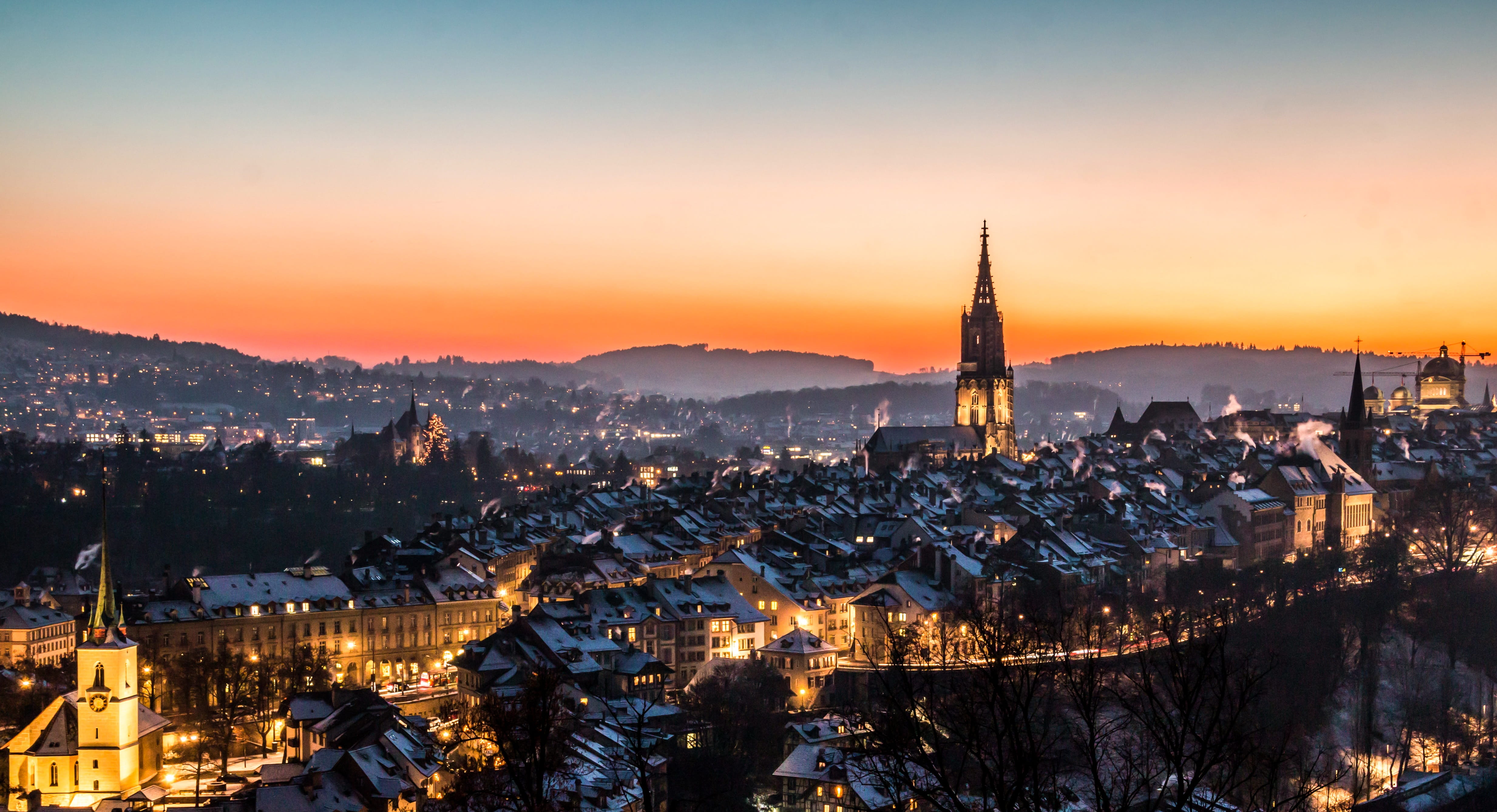 built structure, aare, dusk, capital, night, building, nature, downtown, old town, wintry, sky, place of worship, sunset, münster, city, light, religion, HD Wallpaper