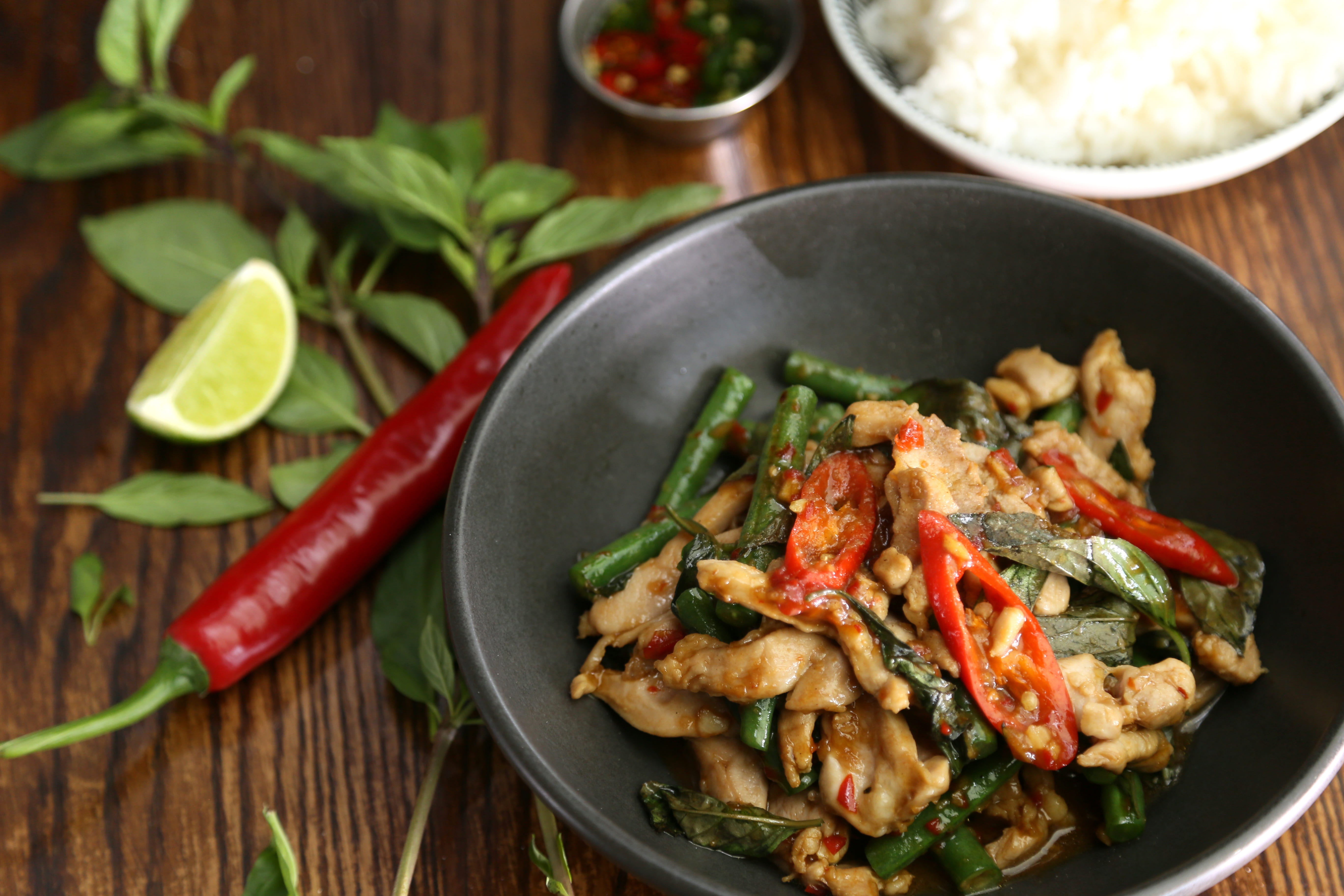 healthy eating, vegetable, bowl, fried, meat, spice, food and drink, stir fried, gray, thai basil, dish, beside, chili pepper, huahom design, meal, 5K, HD Wallpaper