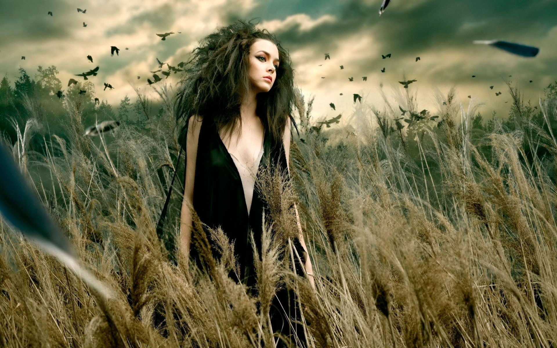witch, Dry, beautiful woman, 1080P, land, Swamp, nature, women, long hair, bird, fashion, a, plant, Stir, hairstyle, maiden, front view, Means, young adult, HD Wallpaper