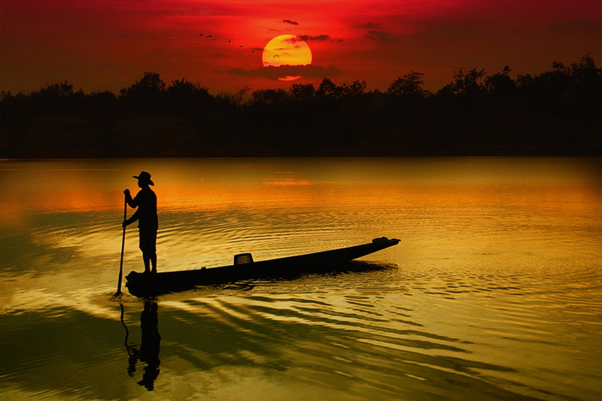 lake, beautiful, 480P, golden, art, Oar, hd, MIST, stirring, boat, tranquility, abstract, photography, HD Wallpaper