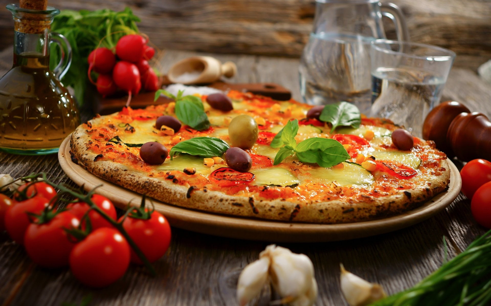 vegetable, dinner, tomato, pizzeria, freshness, table, cheese, olive oil, meal, mozzarella, basil, 1080P, herb, healthy eating, fast food restaurant, wood - material, HD Wallpaper
