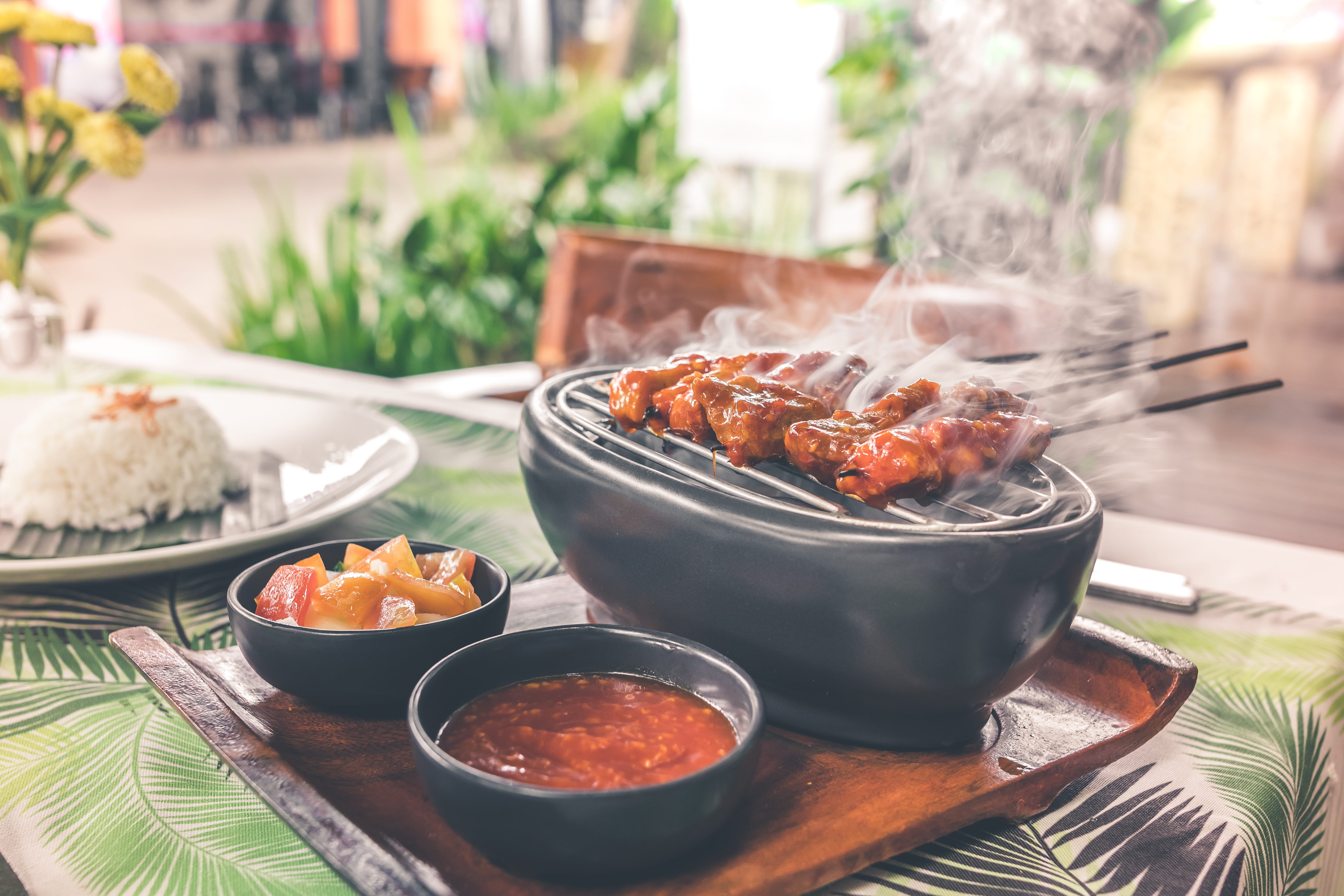 vegetable, Asian, meat, rice, plate, no people, focus on foreground, sticks, fresh, kitchen utensil, 5K, food, day, glass, delicious, chili, plants, freshness, HD Wallpaper