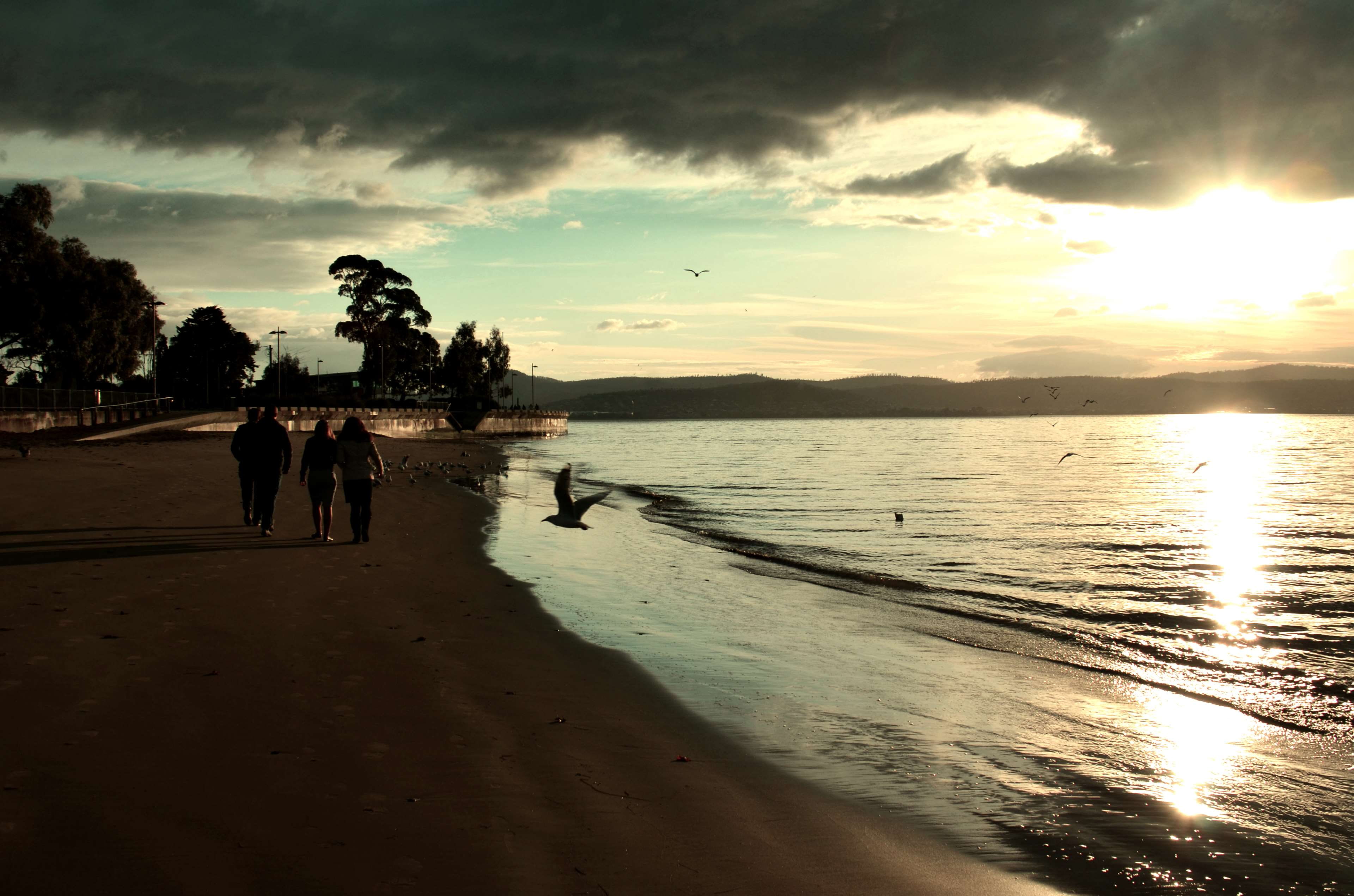 men, hobart, group of people, water, beauty in nature, friends, sea, nature, land, morning walk on beach, sky, outdoors, silhouette, 4K, lifestyles, tranquility, HD Wallpaper