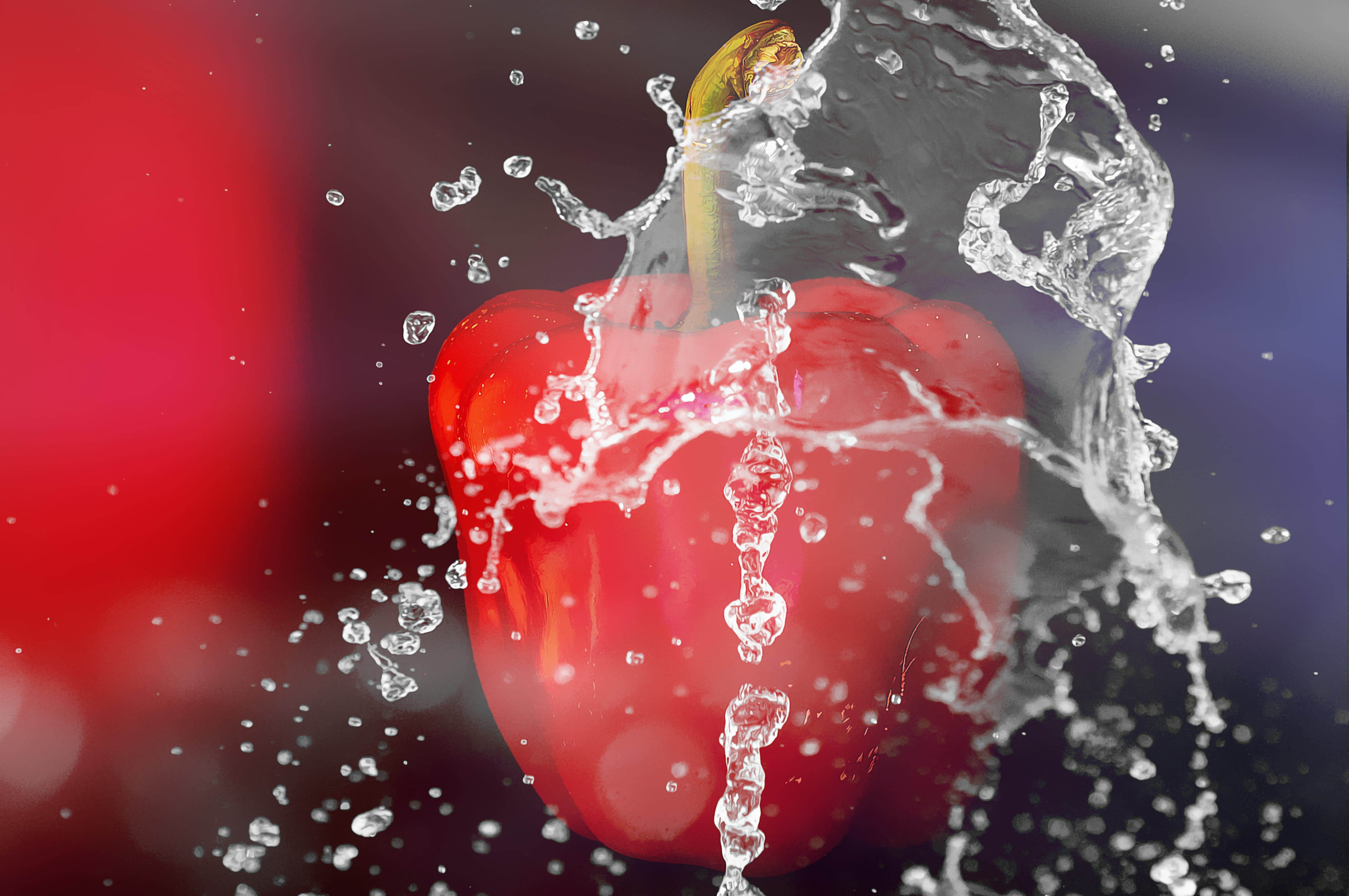 refreshment, motion, drop of water, splashed, food, bell, red bell pepper, photo, close, close-up, vegetables, nachtschattengewächs, red, impact, water, HD Wallpaper